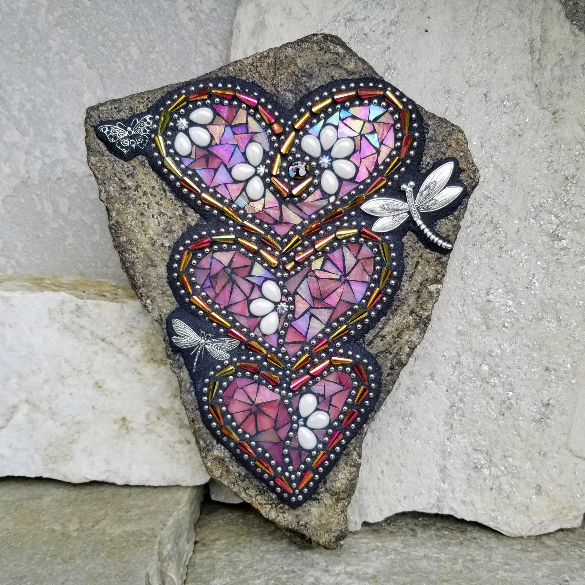 Large Iridescent Pink 3 Heart Mosaic Garden Stone