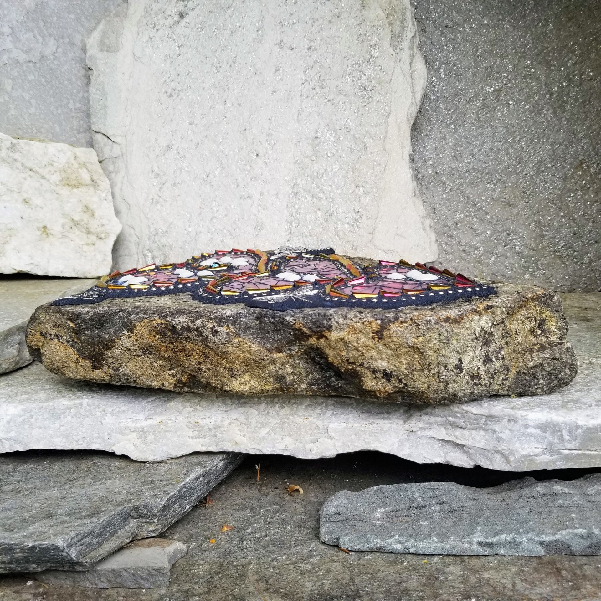 Large Iridescent Pink 3 Heart Mosaic Garden Stone