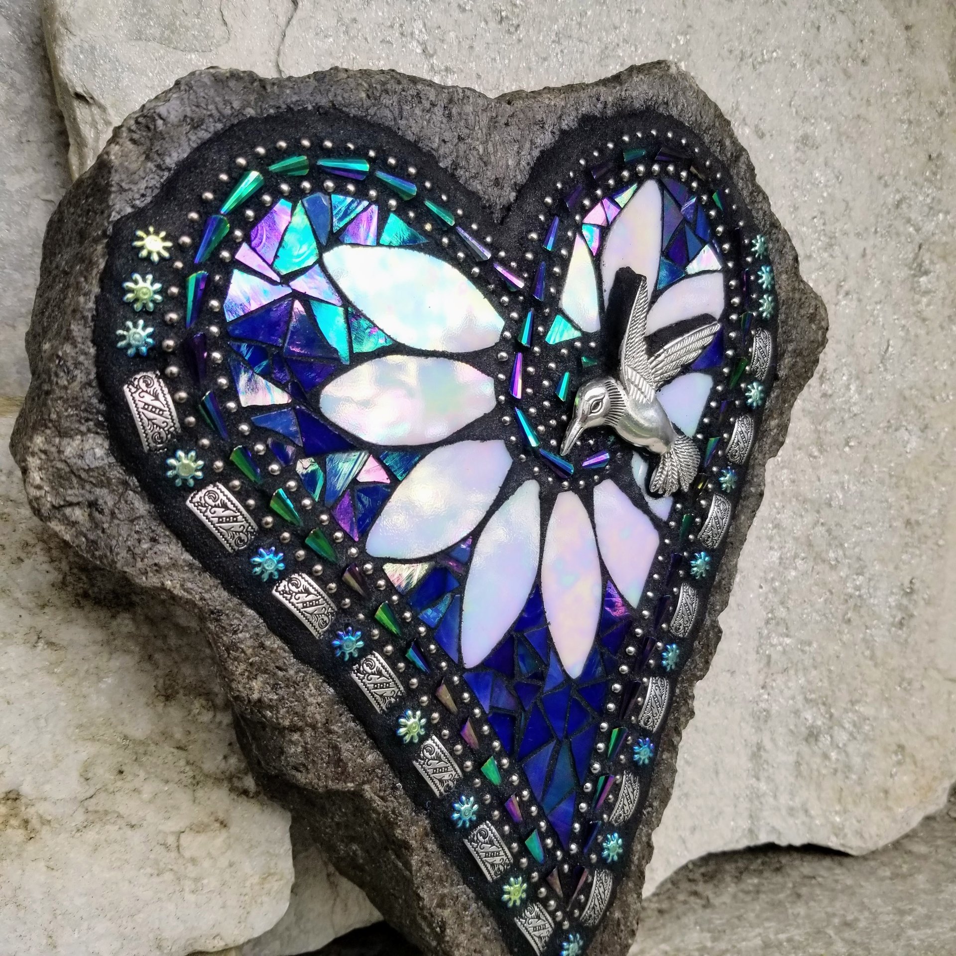 Iridescent  Blue Heart Mosaic Garden Stone