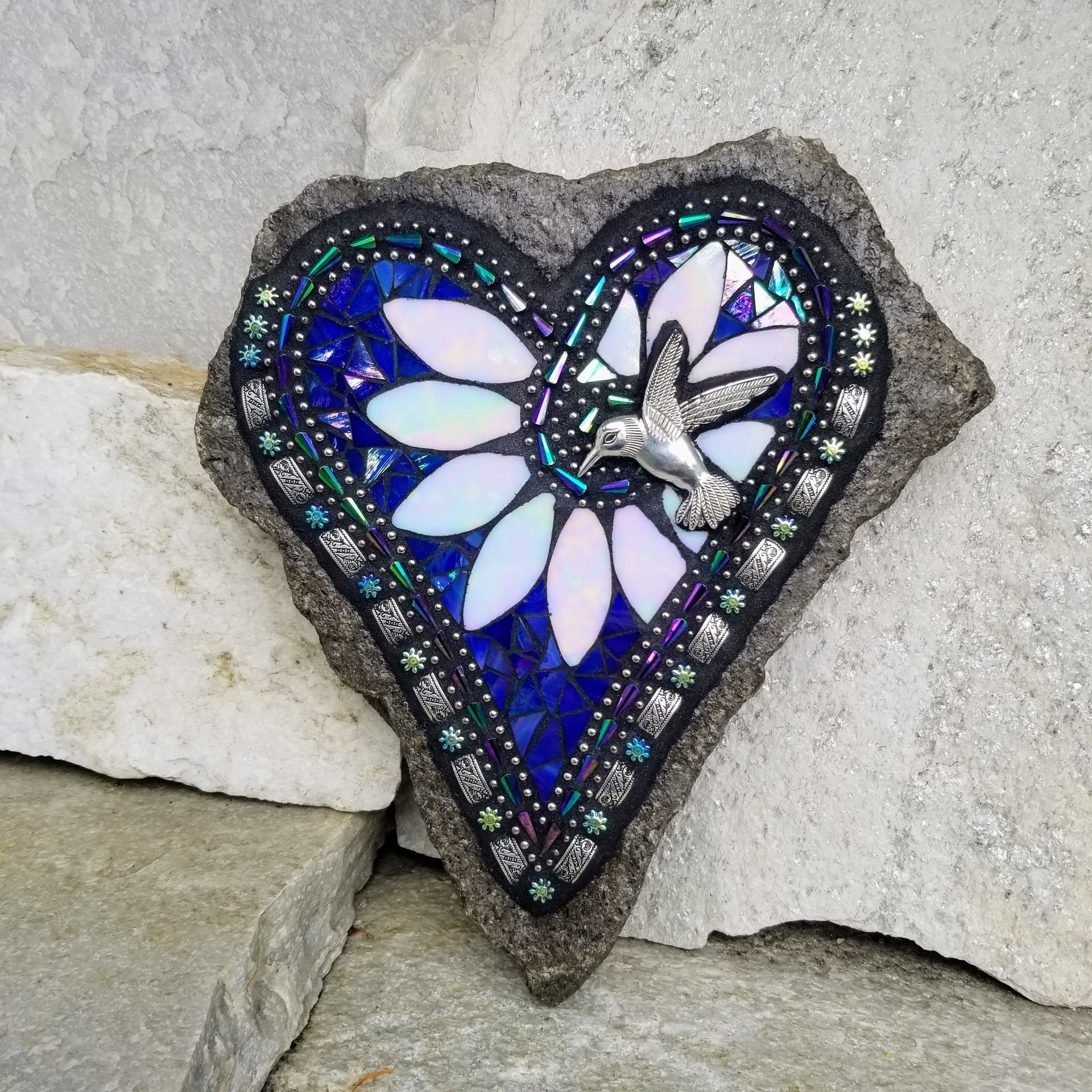Iridescent  Blue Heart Mosaic Garden Stone