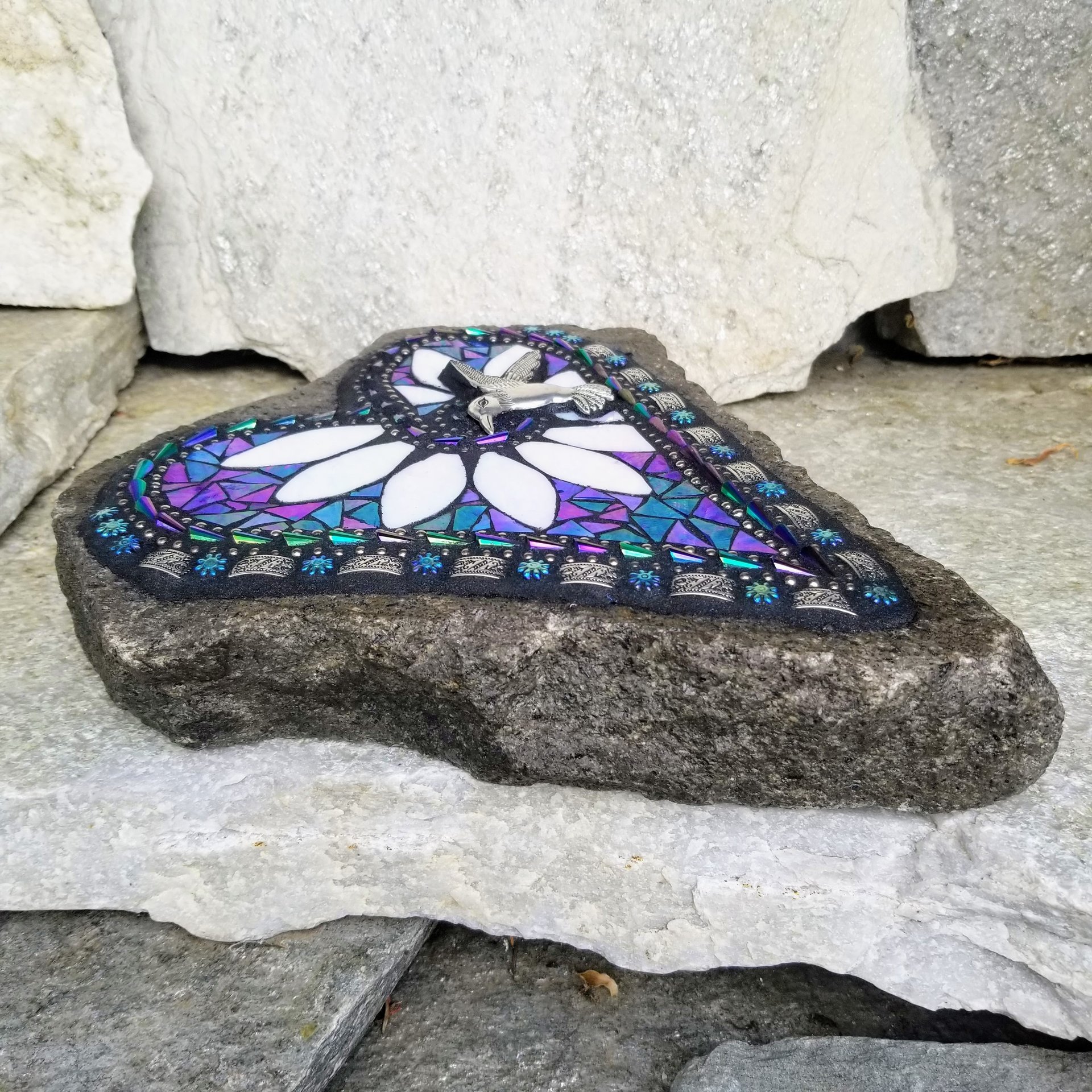 Iridescent  Blue Heart Mosaic Garden Stone