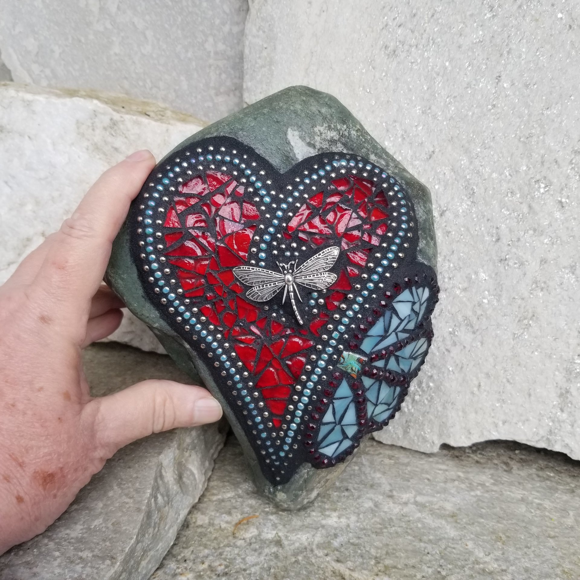 Red Heart w/ Teal Flower Mosaic Garden Stone