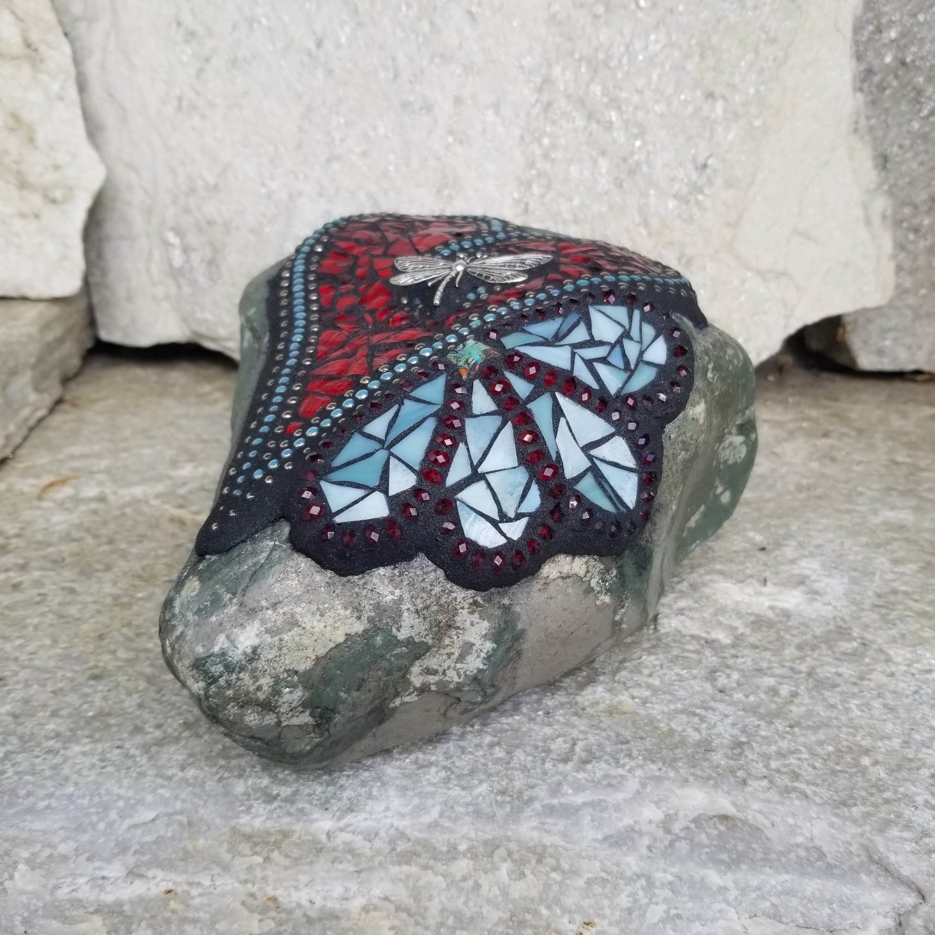 Red Heart w/ Teal Flower Mosaic Garden Stone
