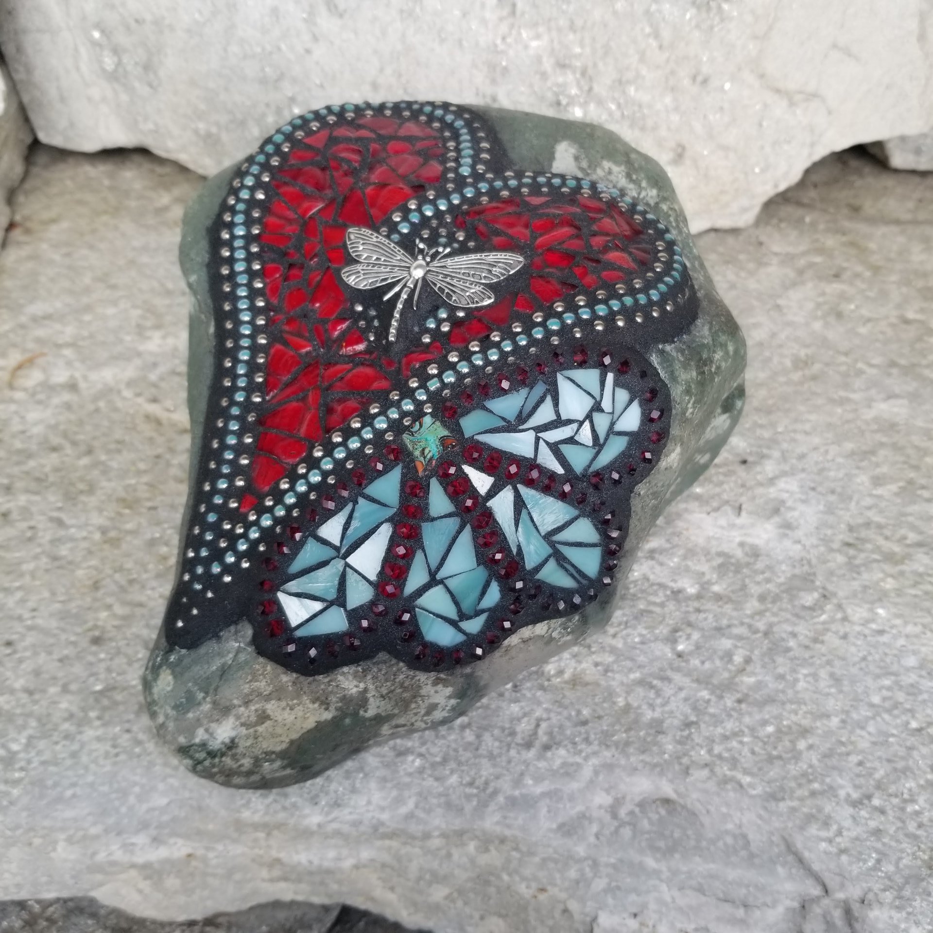 Red Heart w/ Teal Flower Mosaic Garden Stone
