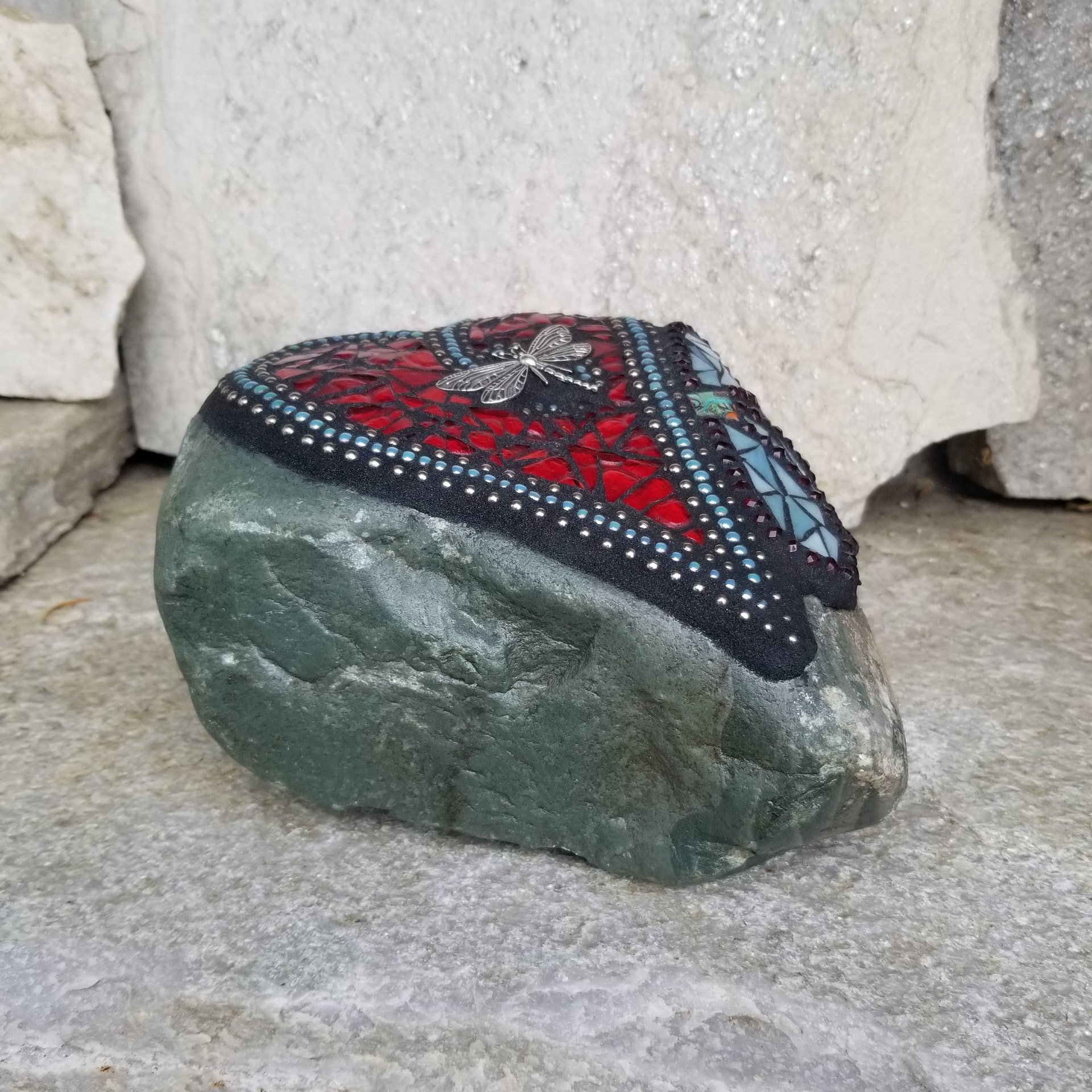 Red Heart w/ Teal Flower Mosaic Garden Stone