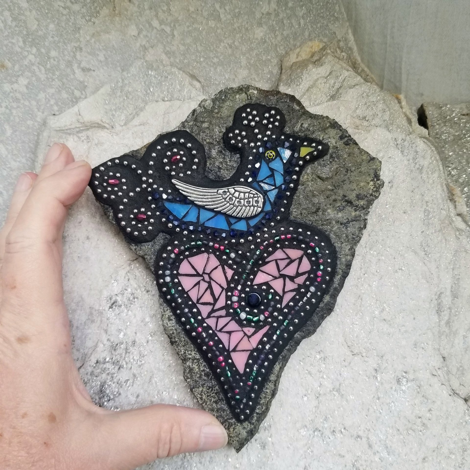 Blue Bird on a Pink Heart, Wall Hanging Mosaic Garden Stone, Porch Decor, Wall Decor