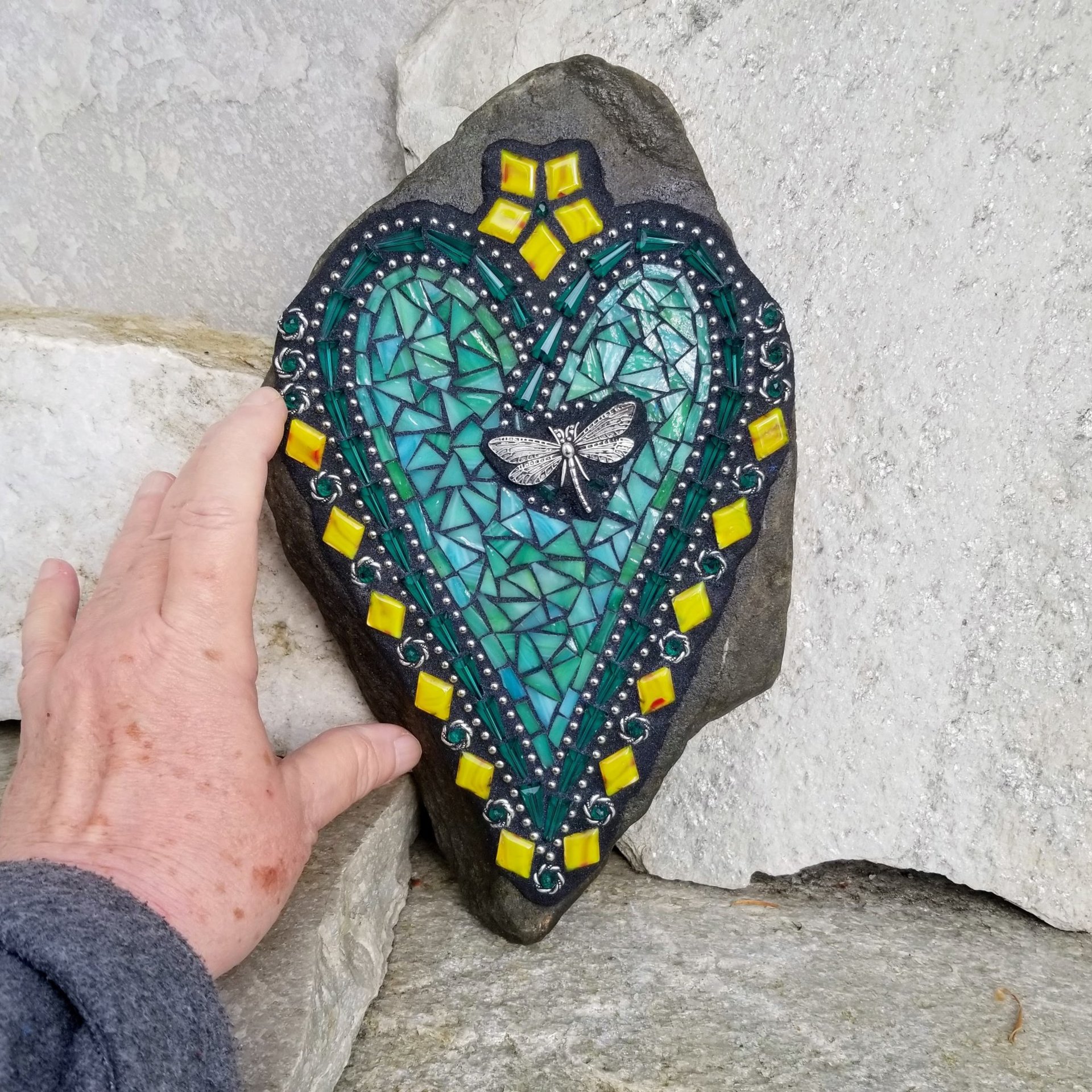 Teal Green Heart Mosaic Garden Stone