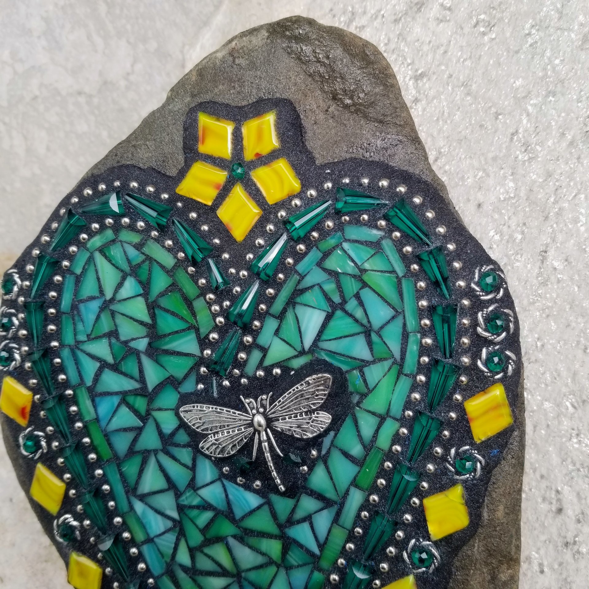 Teal Green Heart Mosaic Garden Stone