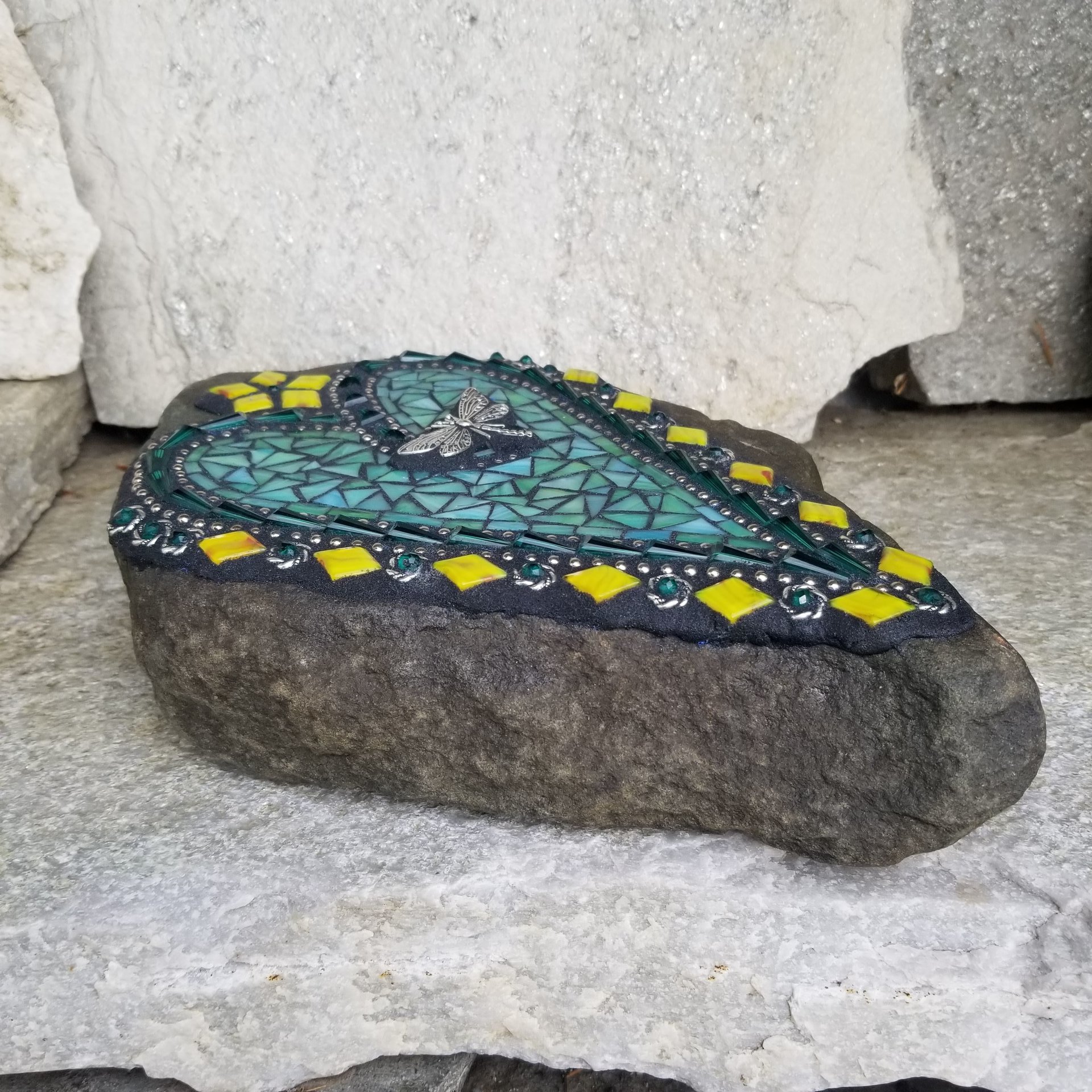 Teal Green Heart Mosaic Garden Stone