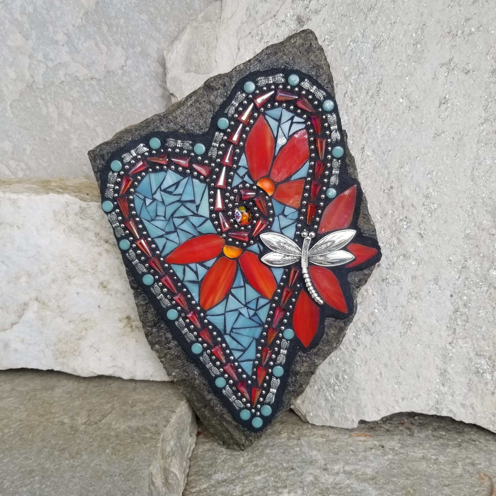 Teal Blue Heart Mosaic Garden Stone