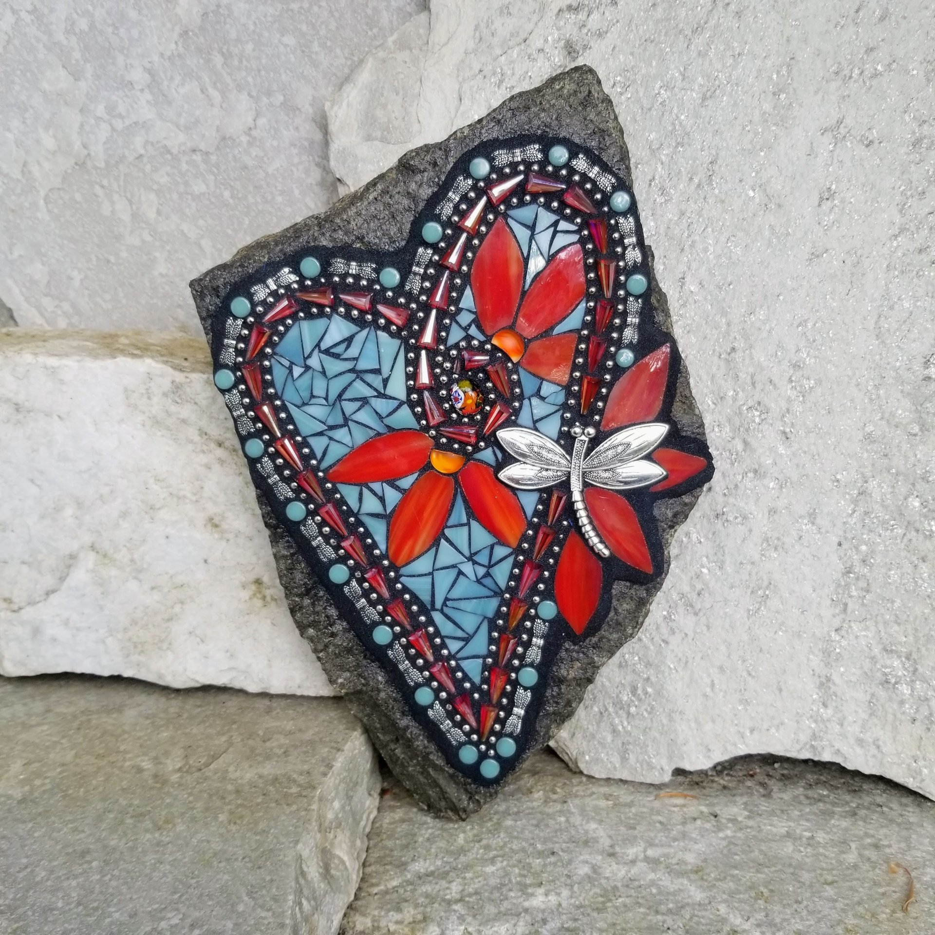 Teal Blue Heart Mosaic Garden Stone