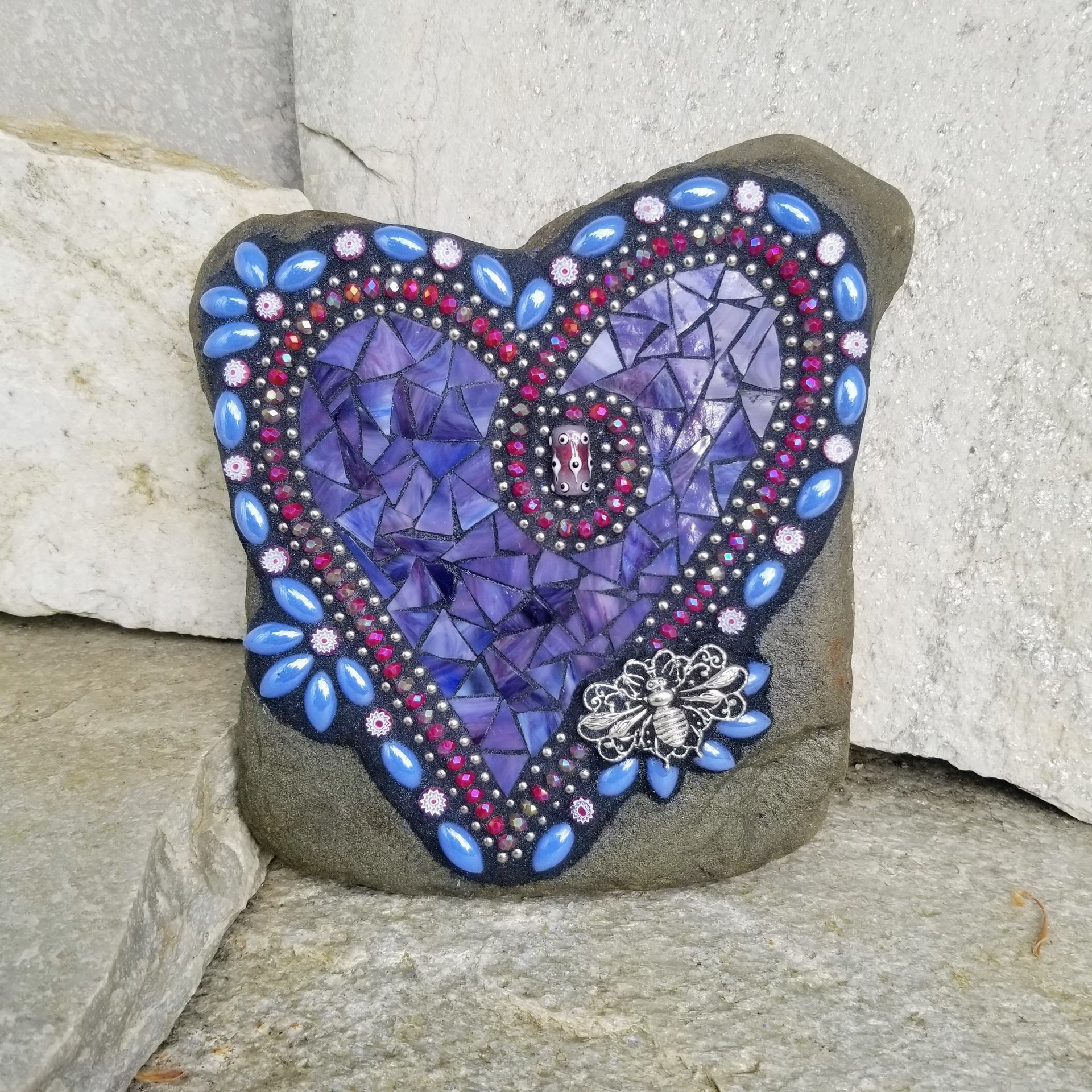 Purple Mosaic Heart with Bee Garden Stone