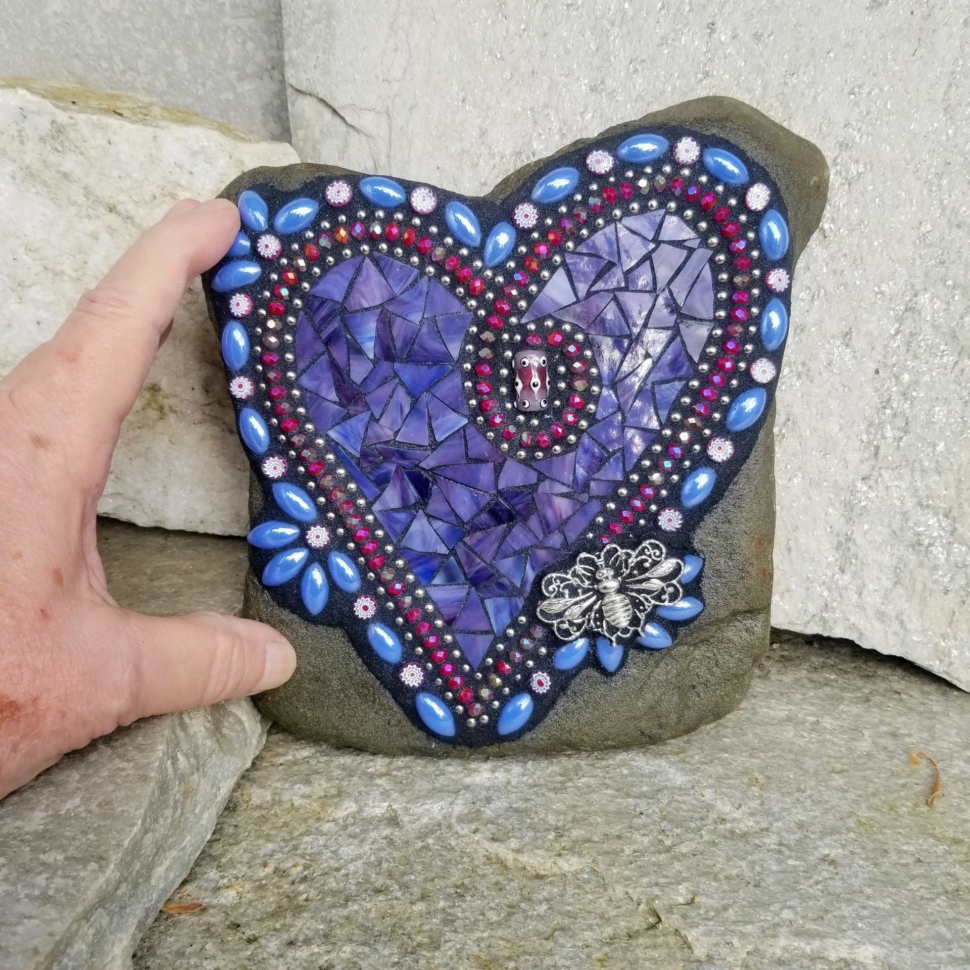 Purple Mosaic Heart with Bee Garden Stone
