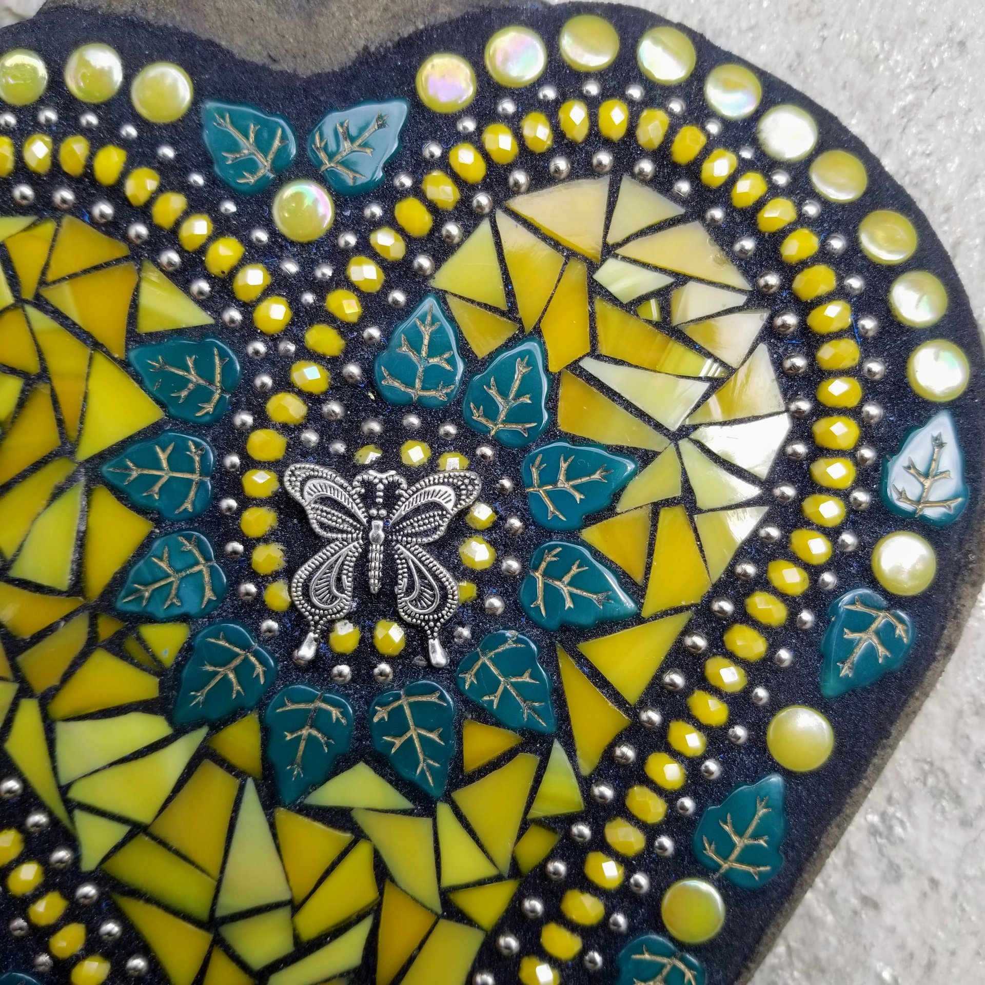 Yellow Mosaic Heart Garden Stone, Mosaic Garden Decor  Wall Hanging