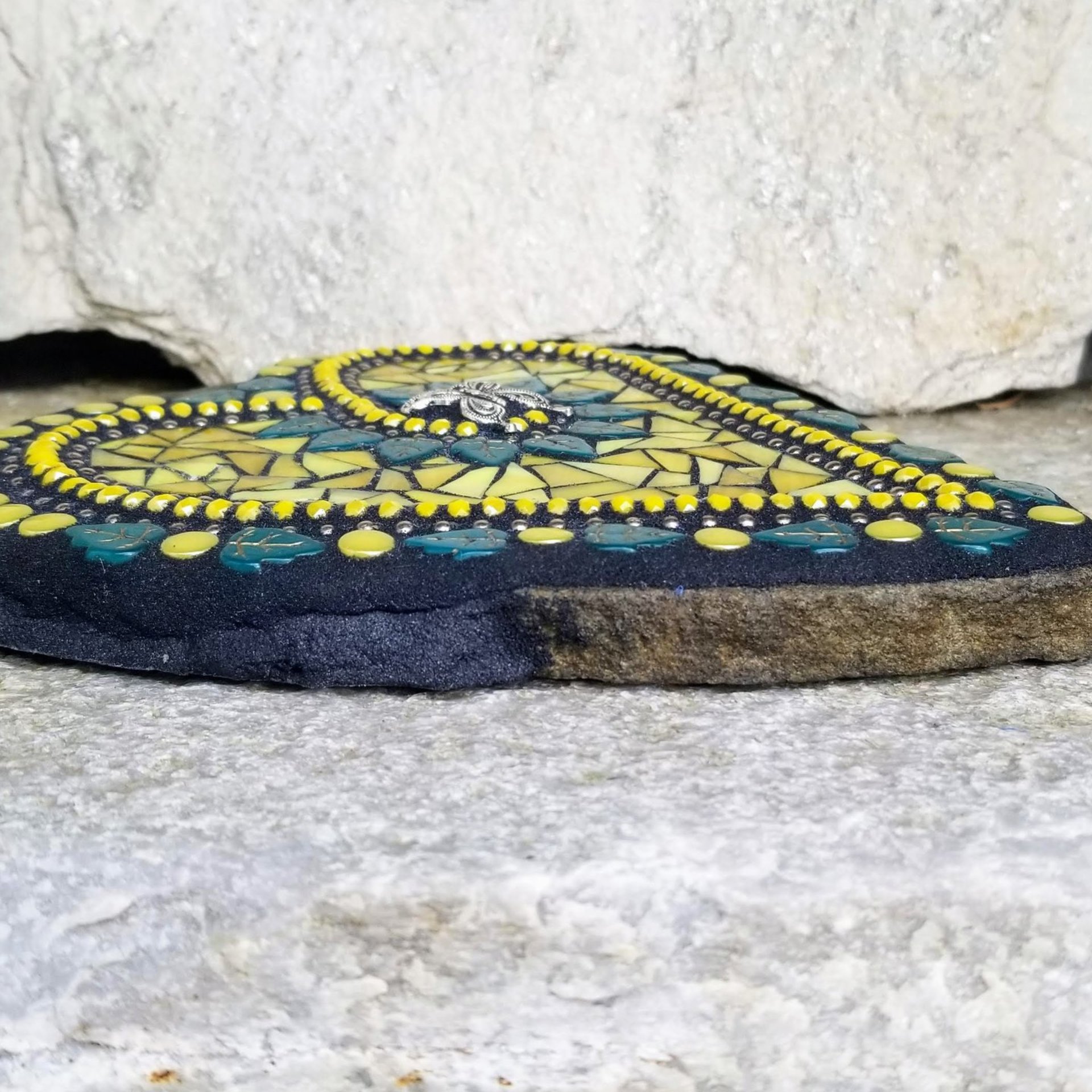 Yellow Mosaic Heart Garden Stone, Mosaic Garden Decor  Wall Hanging
