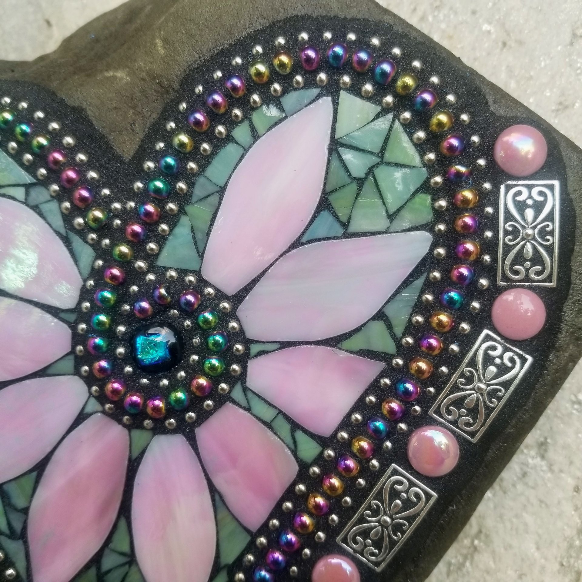 Pale Green Heart Mosaic Garden Stone