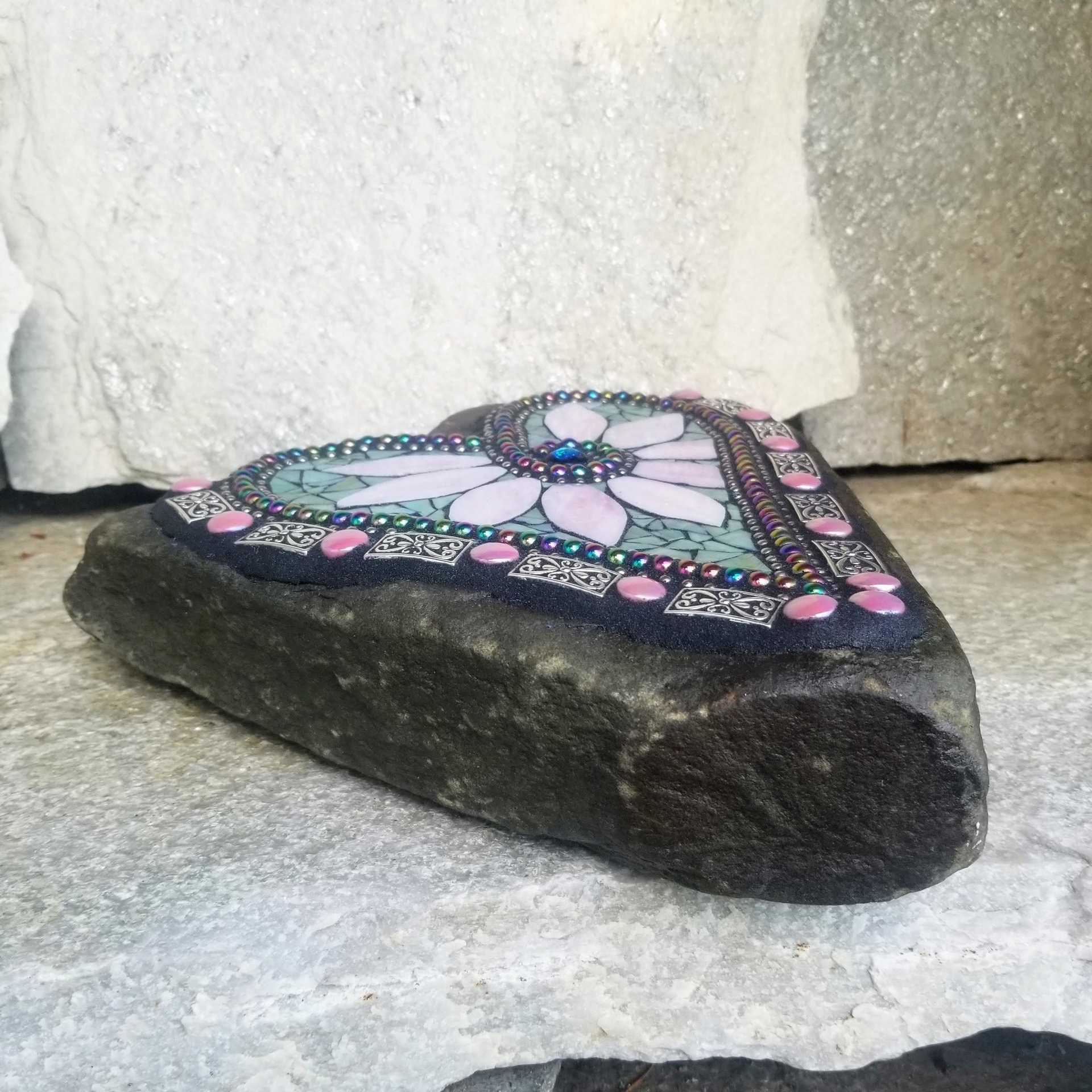 Pale Green Heart Mosaic Garden Stone