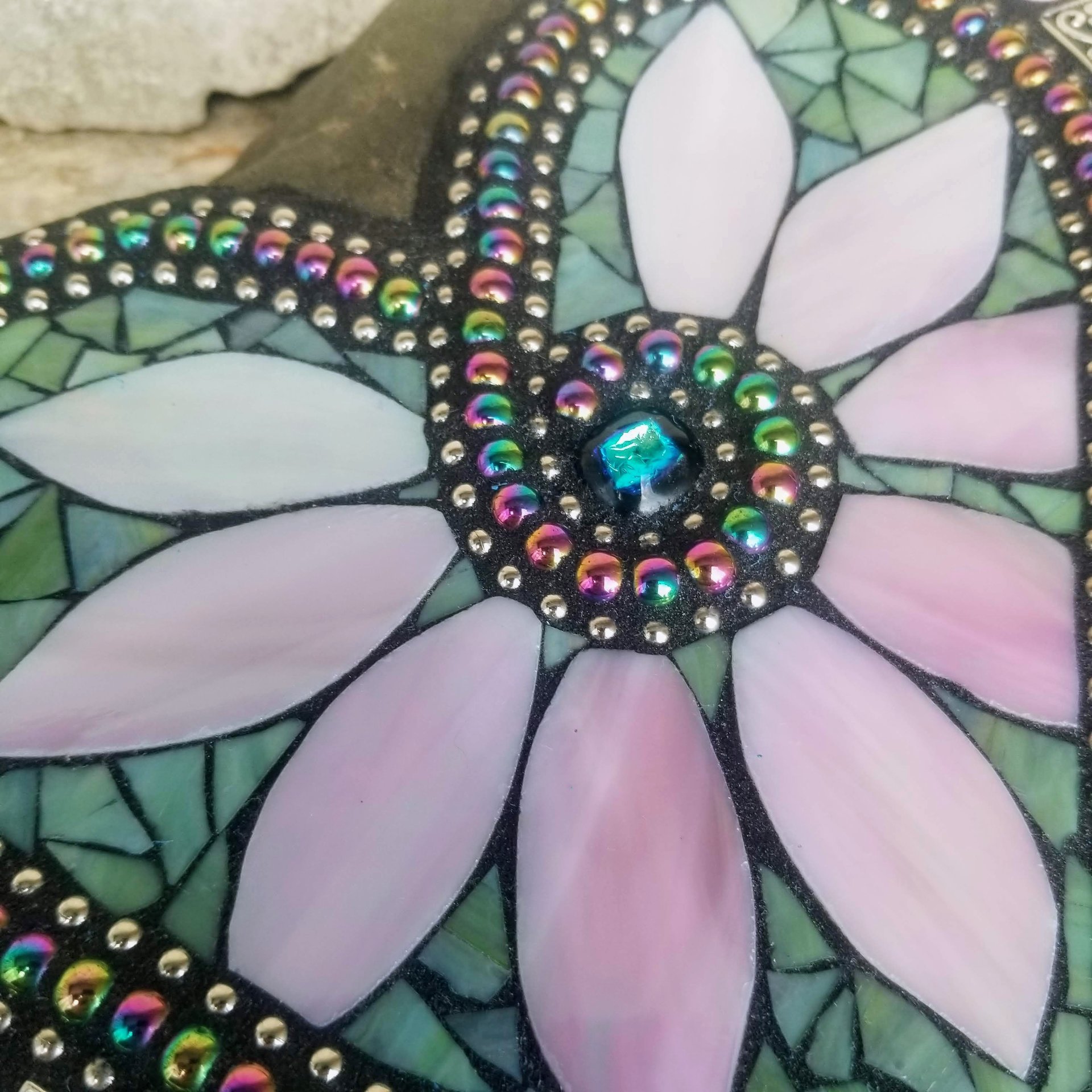 Pale Green Heart Mosaic Garden Stone