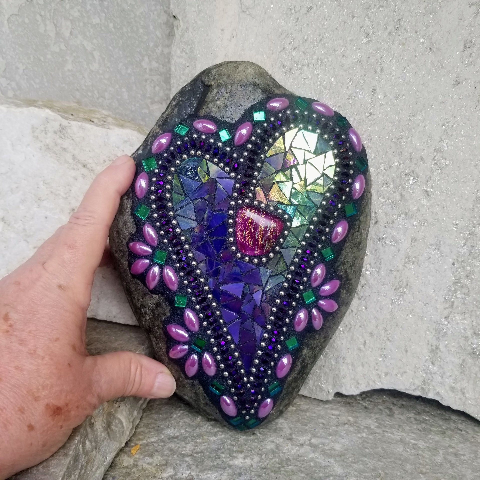 Iridescent Purple Mosaic Heart Garden Stone