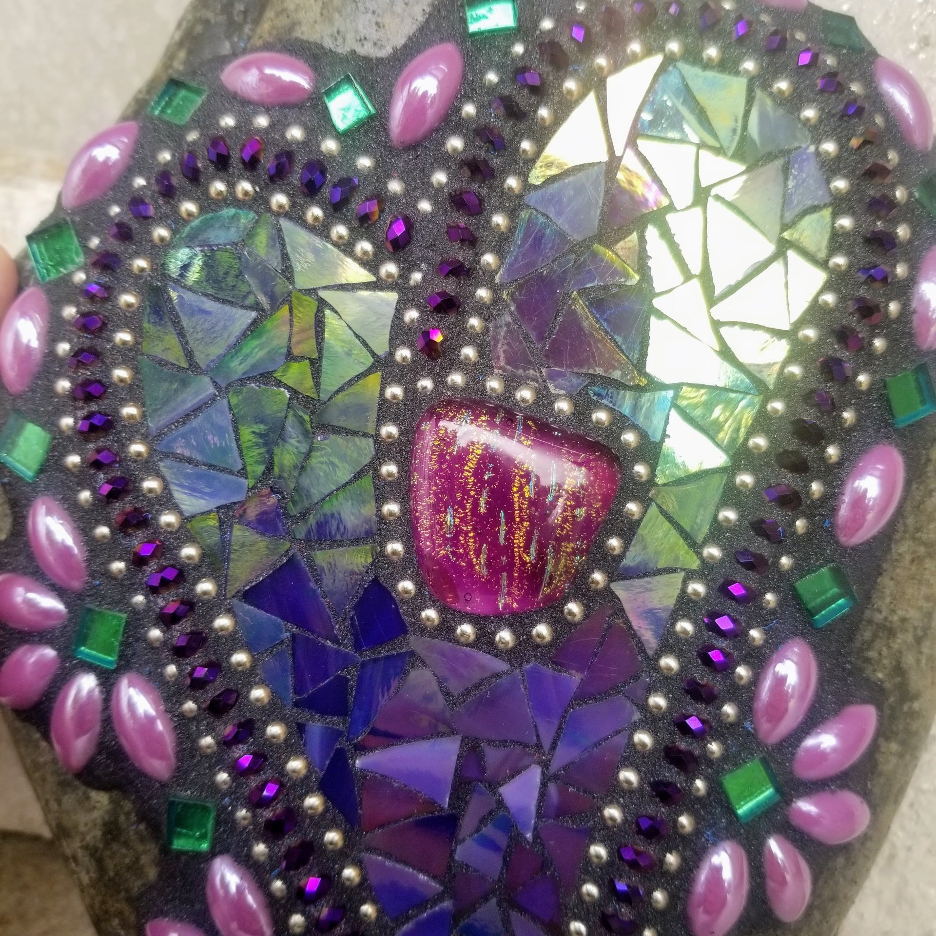 Iridescent Purple Mosaic Heart Garden Stone
