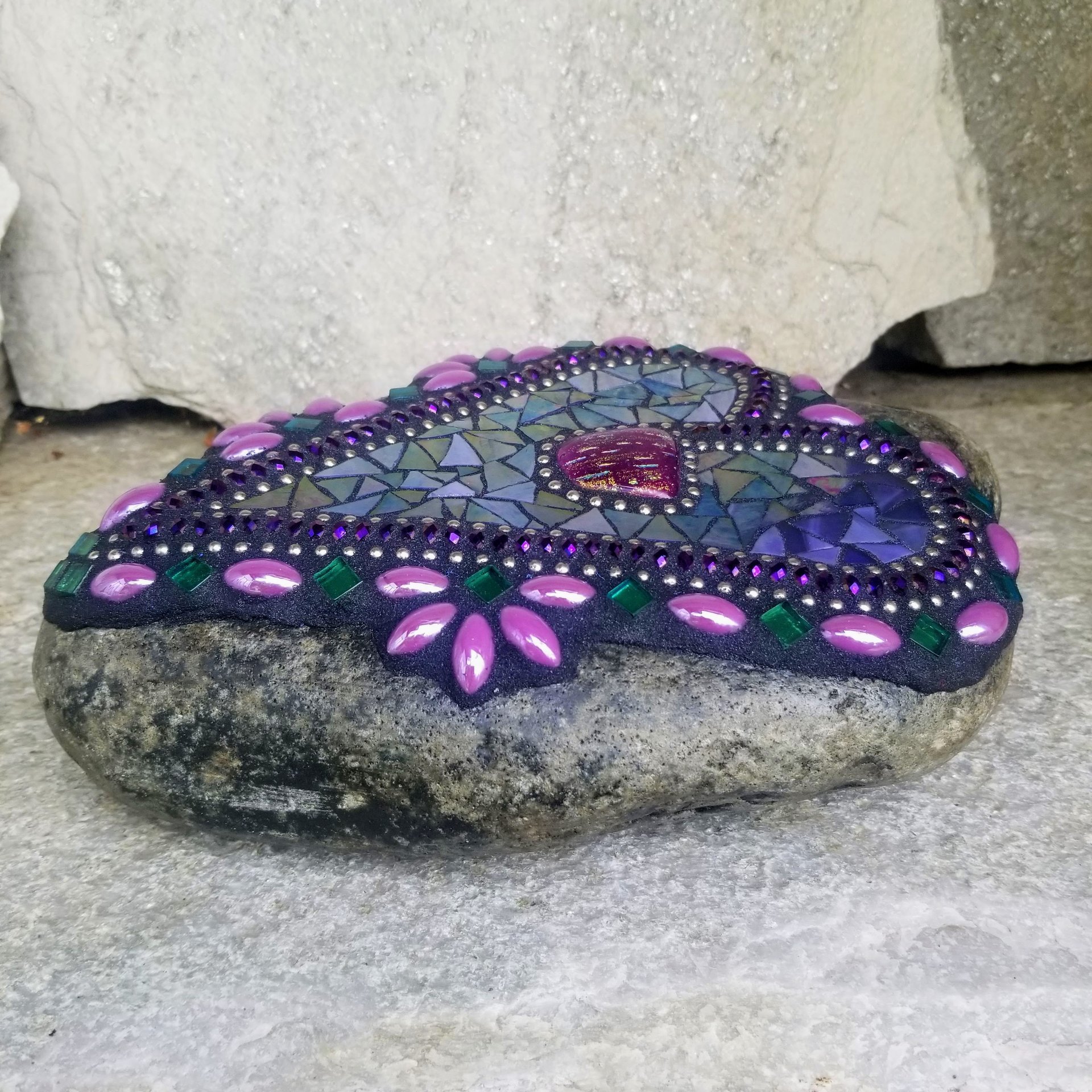 Iridescent Purple Mosaic Heart Garden Stone