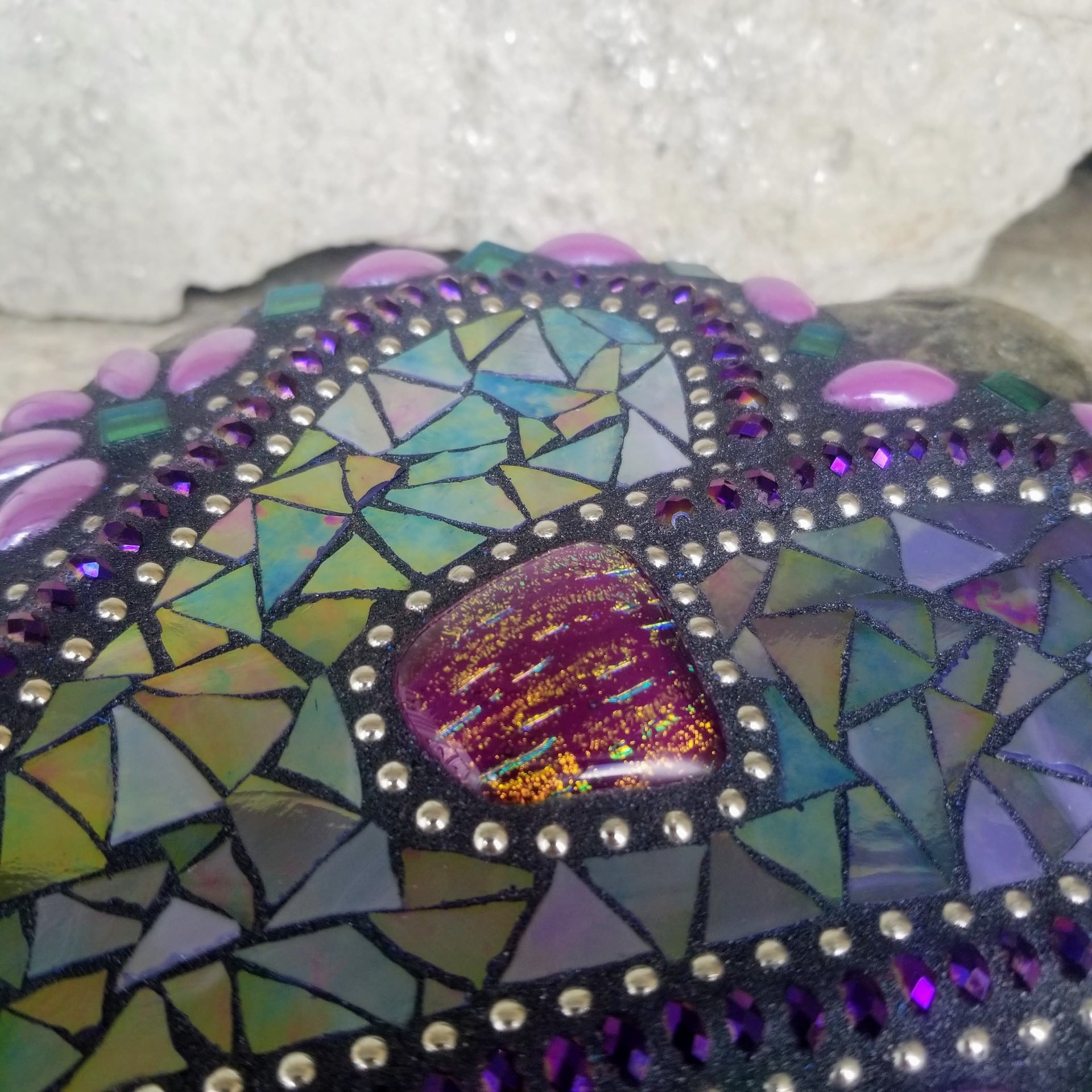Iridescent Purple Mosaic Heart Garden Stone