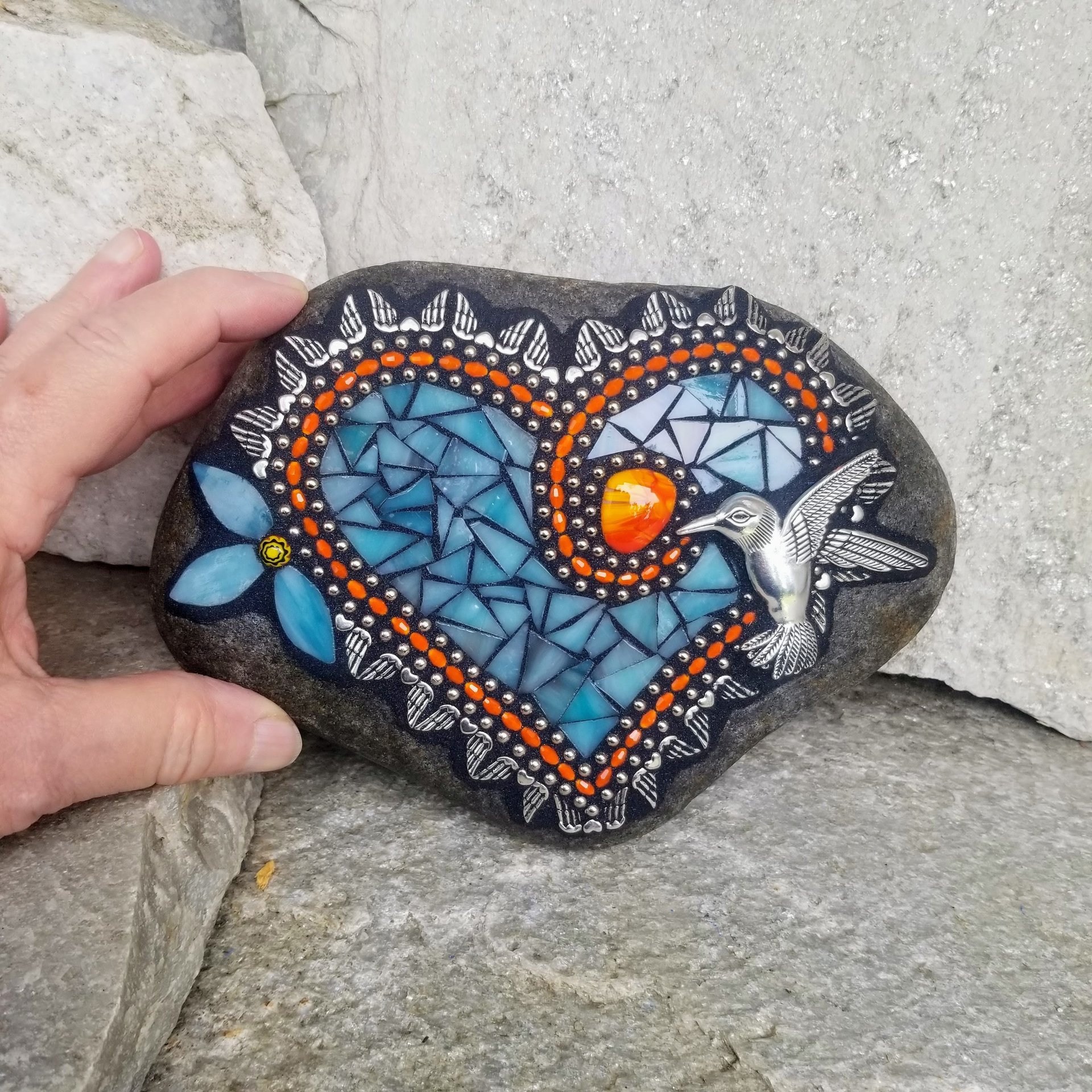 Blue and Orange Angel Wing Heart Mosaic Garden Stone