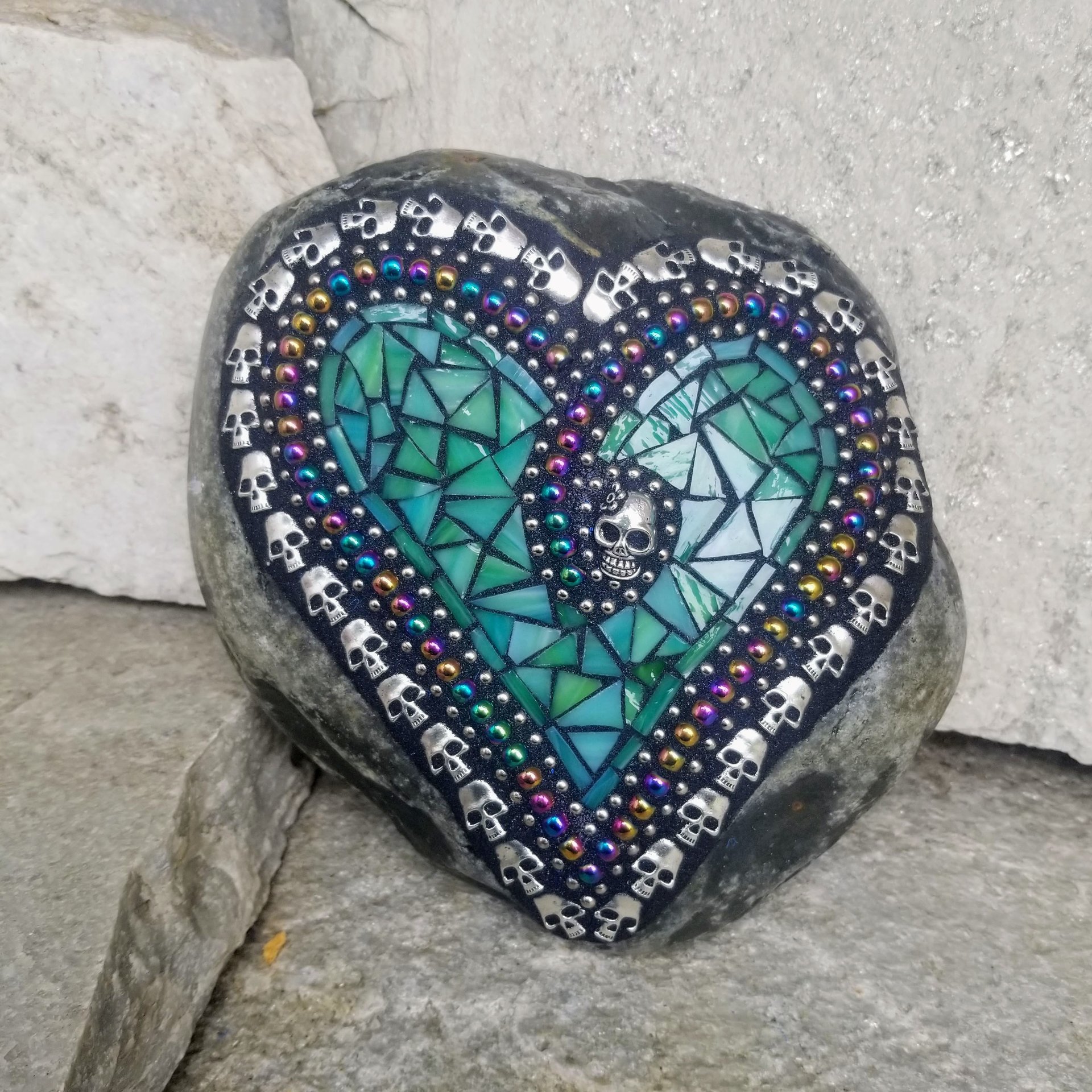 Teal Green Mosaic Heart Garden Stone w/Skulls