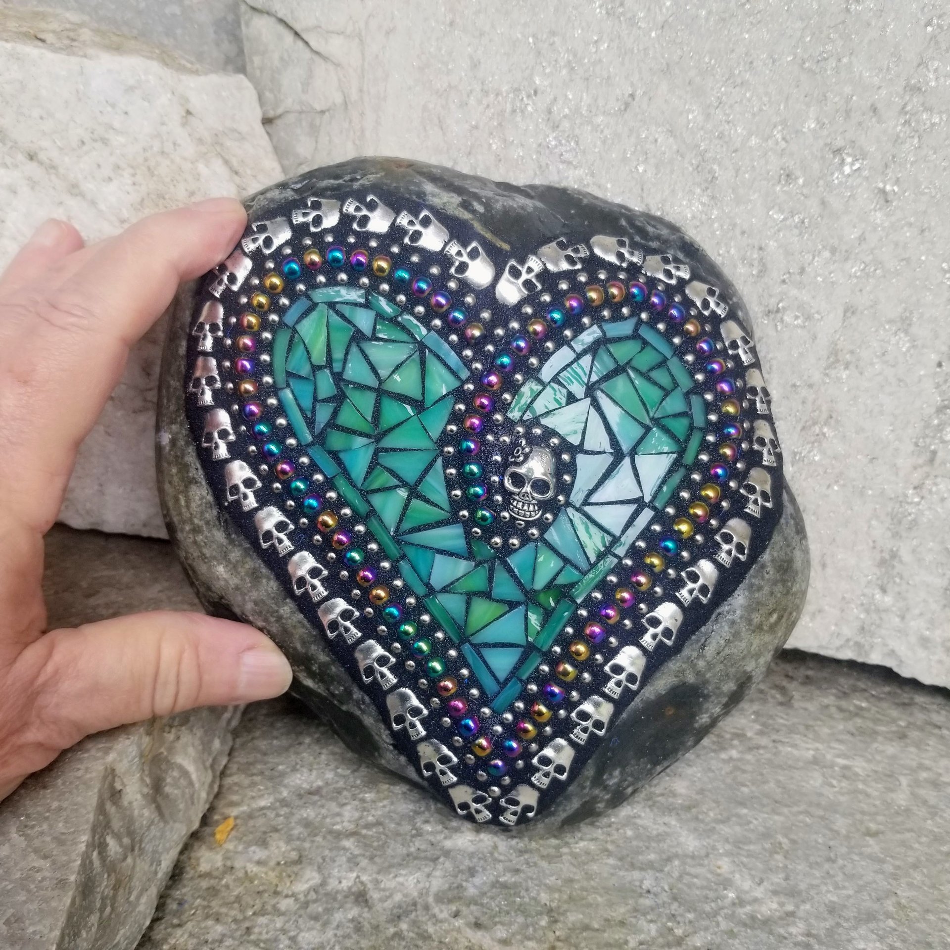 Teal Green Mosaic Heart Garden Stone w/Skulls