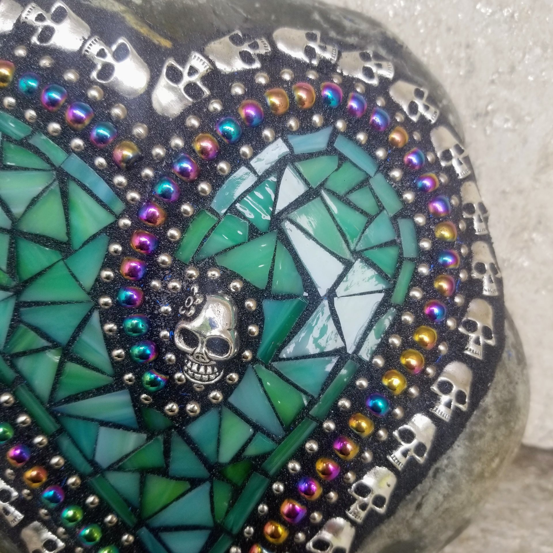 Teal Green Mosaic Heart Garden Stone w/Skulls