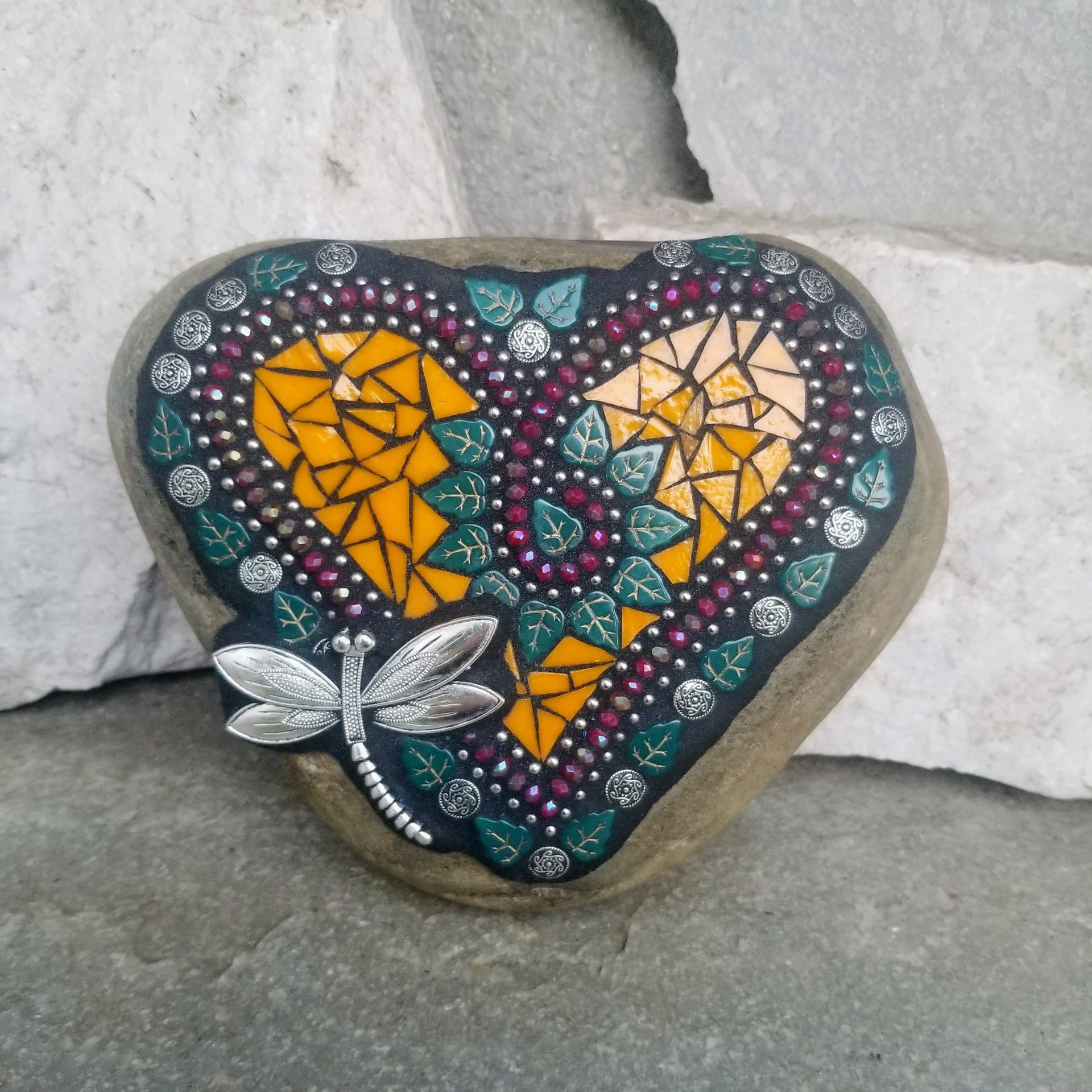 Orange Heart Mosaic Garden Stone, Dragonfly