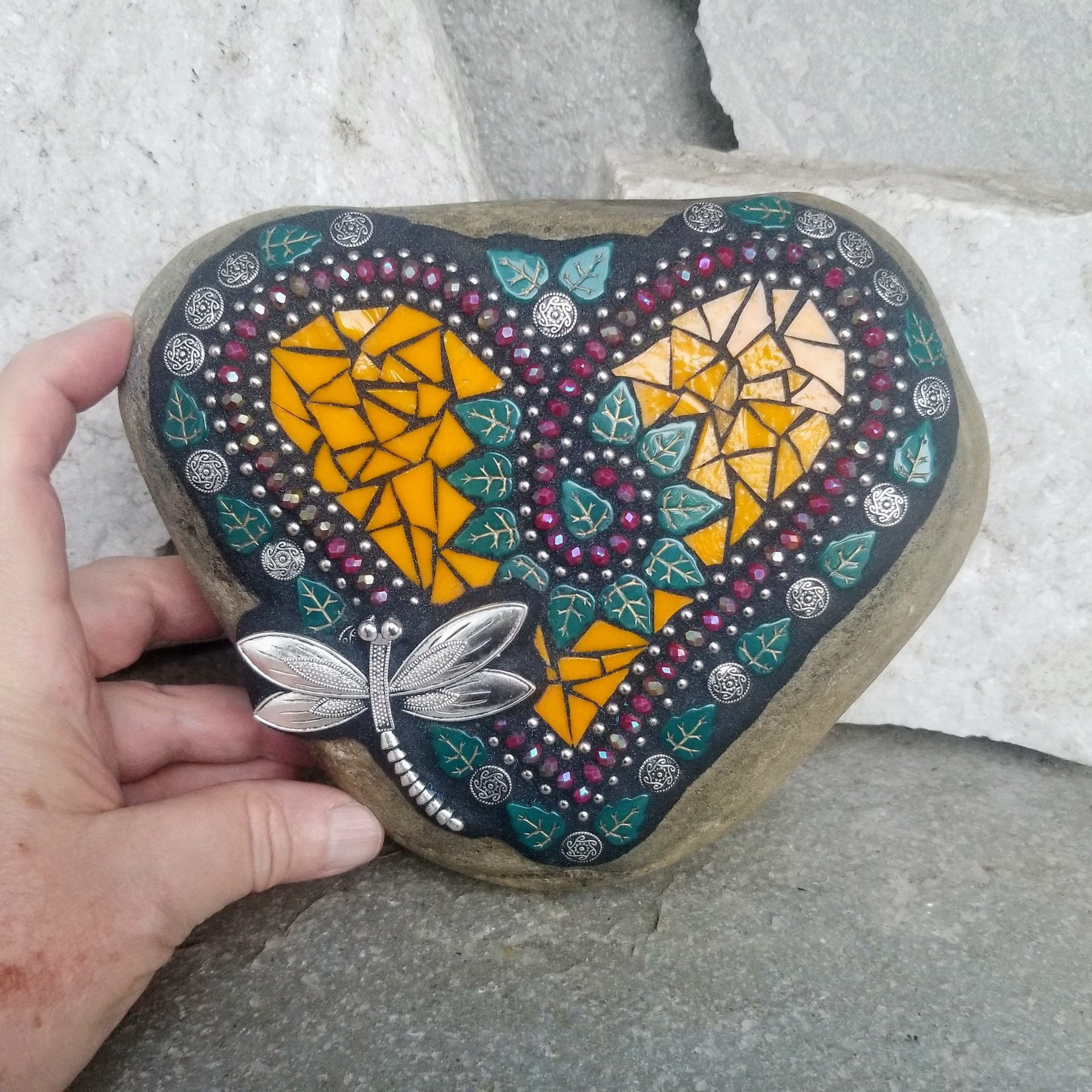 Orange Heart Mosaic Garden Stone, Dragonfly