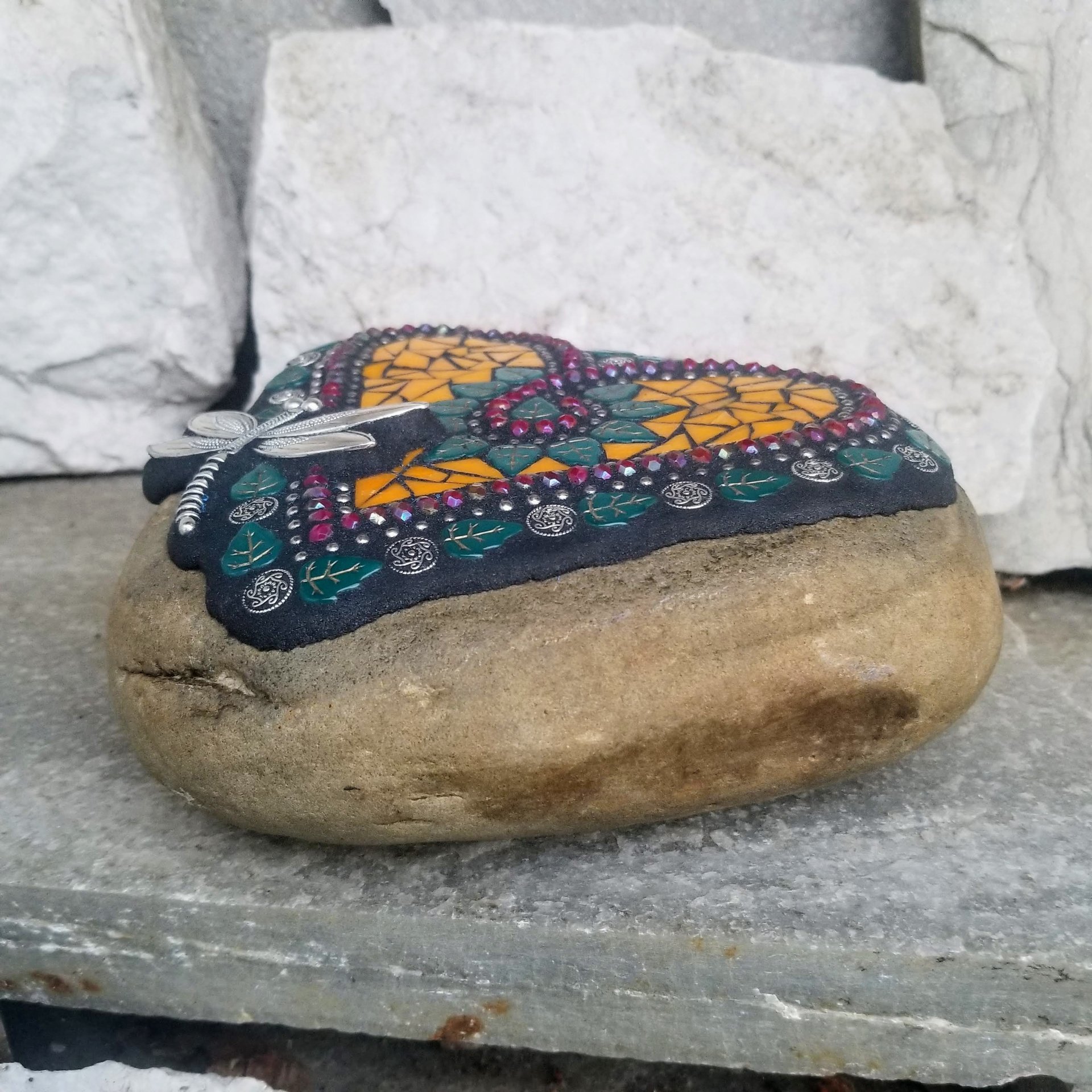 Orange Heart Mosaic Garden Stone, Dragonfly