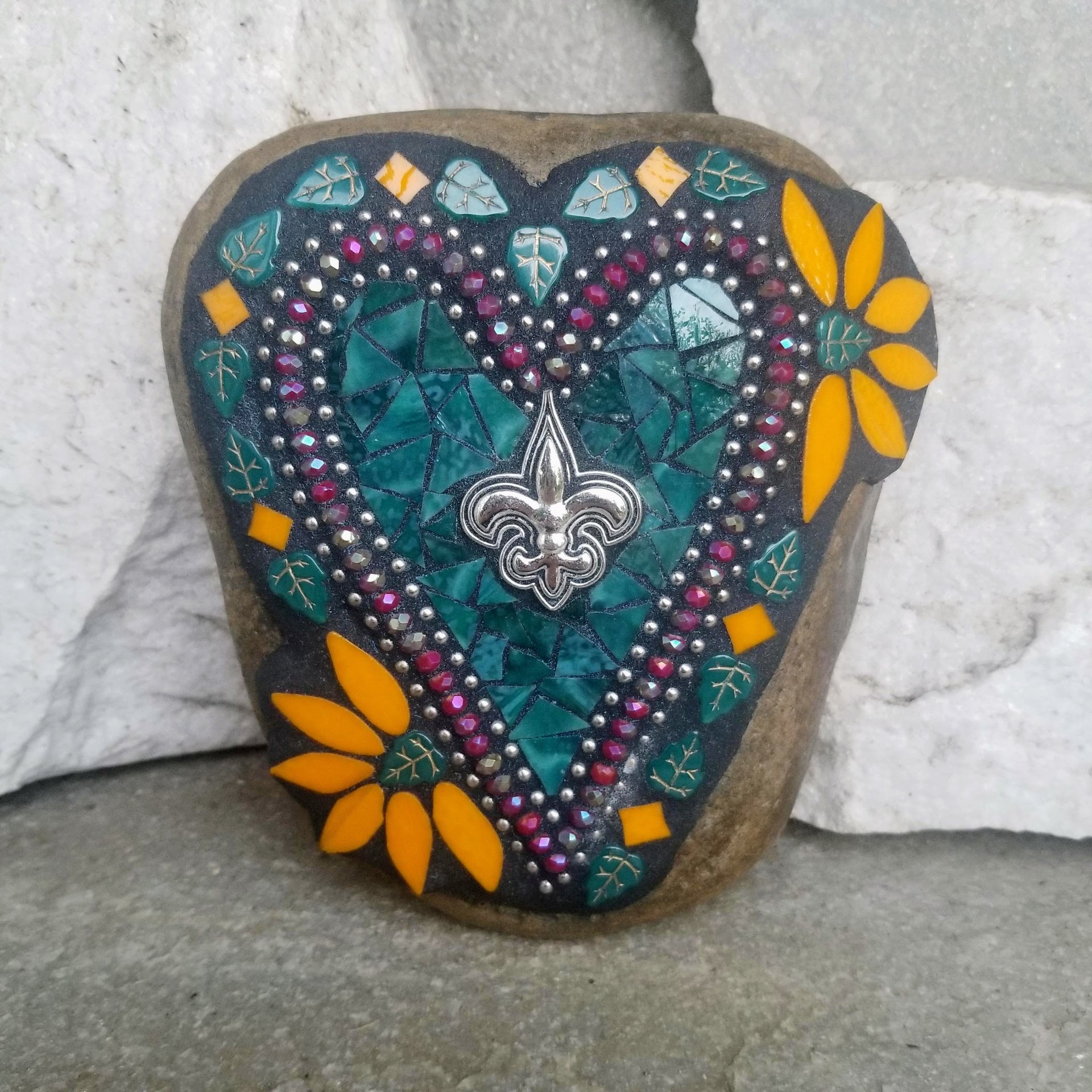 Dark Teal and Orange Heart Mosaic Garden Stone, Fleur-de-lis