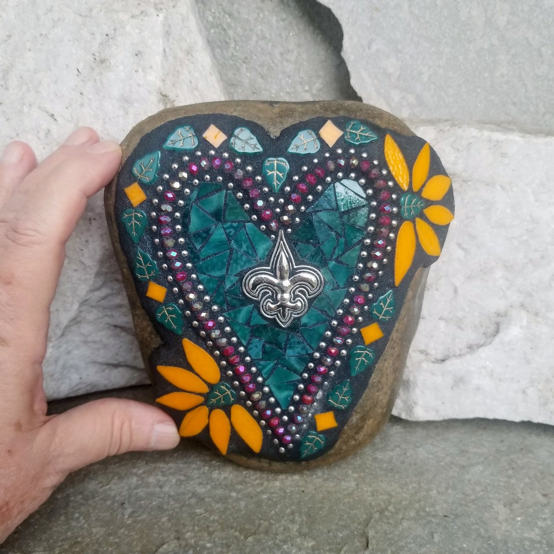 Dark Teal and Orange Heart Mosaic Garden Stone, Fleur-de-lis