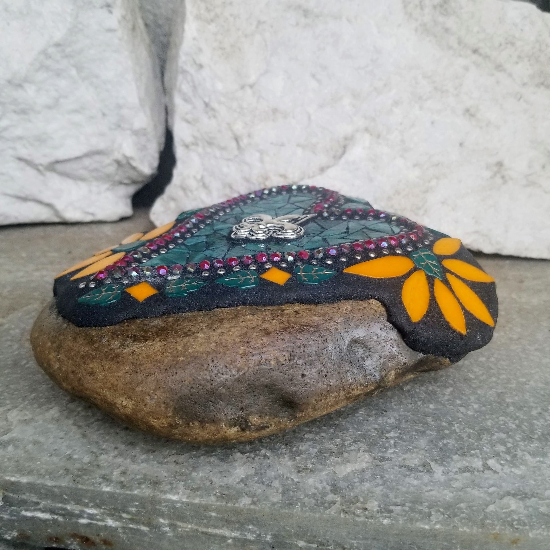 Dark Teal and Orange Heart Mosaic Garden Stone, Fleur-de-lis