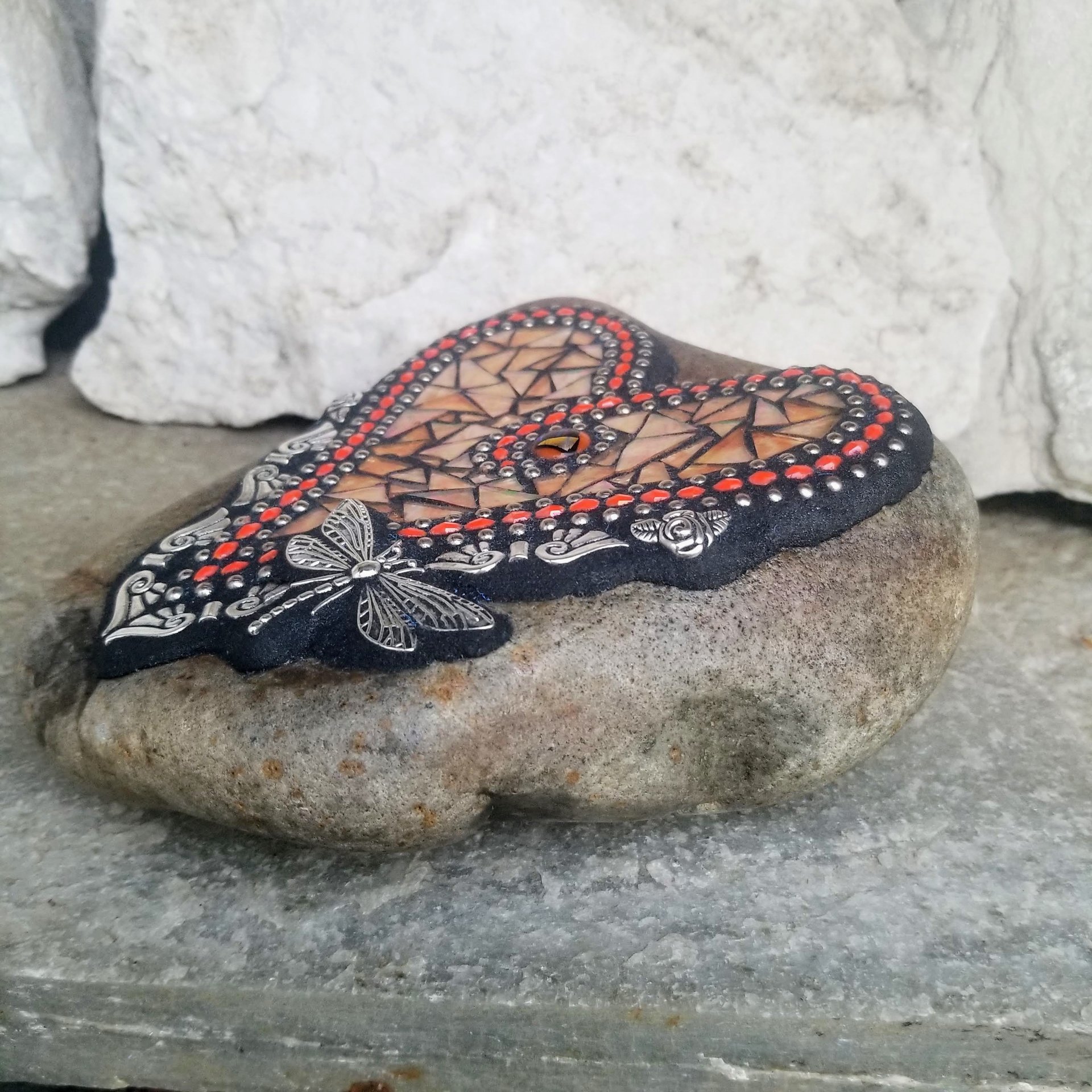 Pale Orange Angel Wing Heart Mosaic Garden Stone