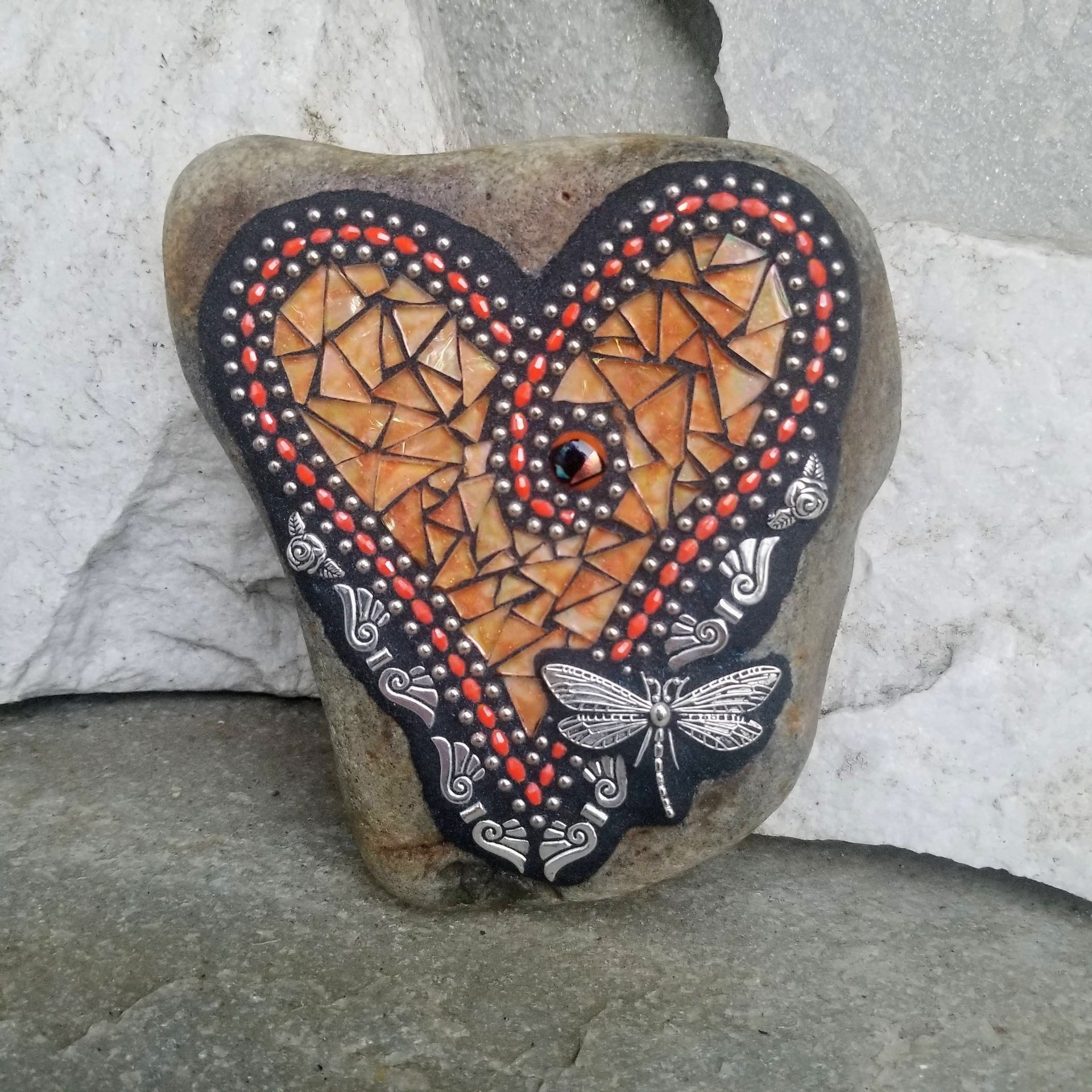 Pale Orange Angel Wing Heart Mosaic Garden Stone