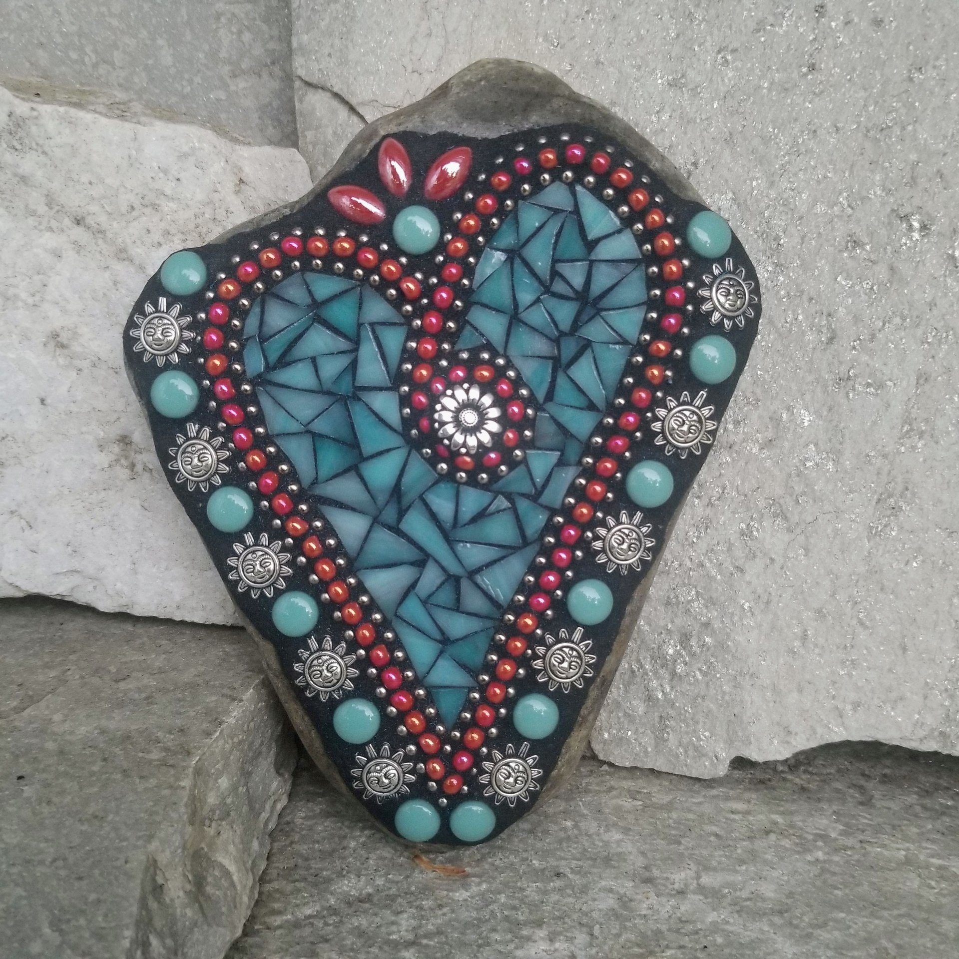 Teal Blue and Red w/Suns Heart Mosaic Garden Stone