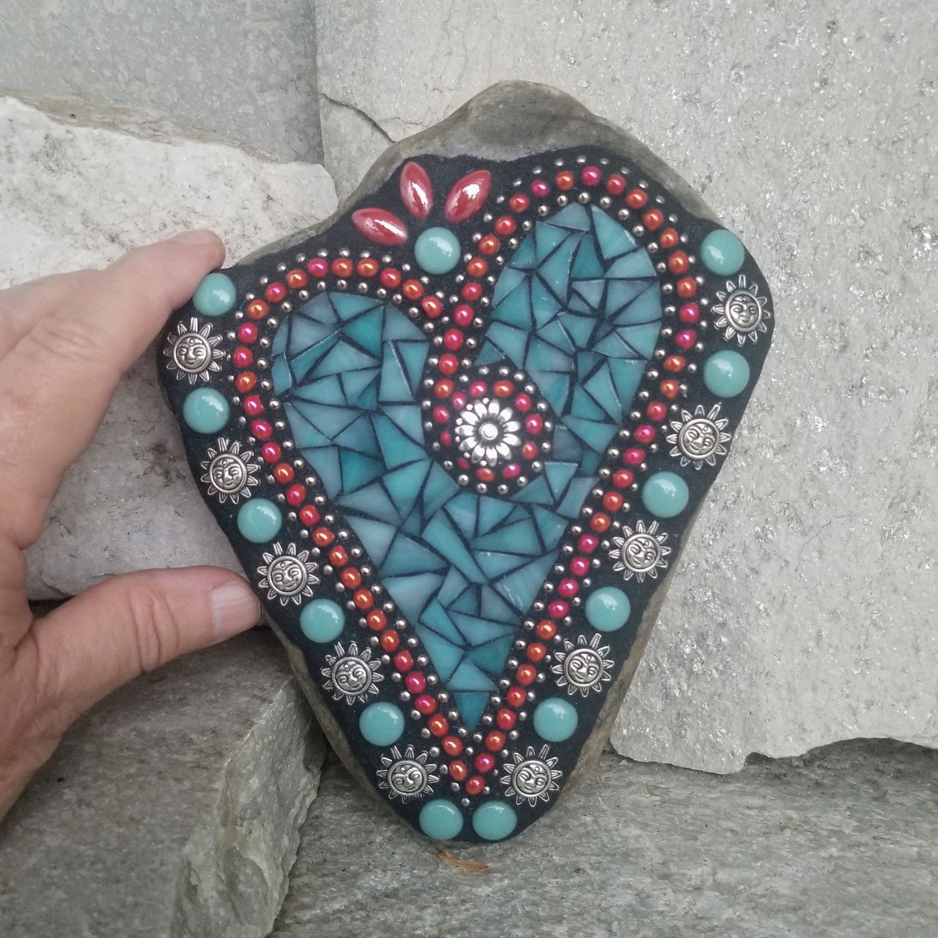 Teal Blue and Red w/Suns Heart Mosaic Garden Stone