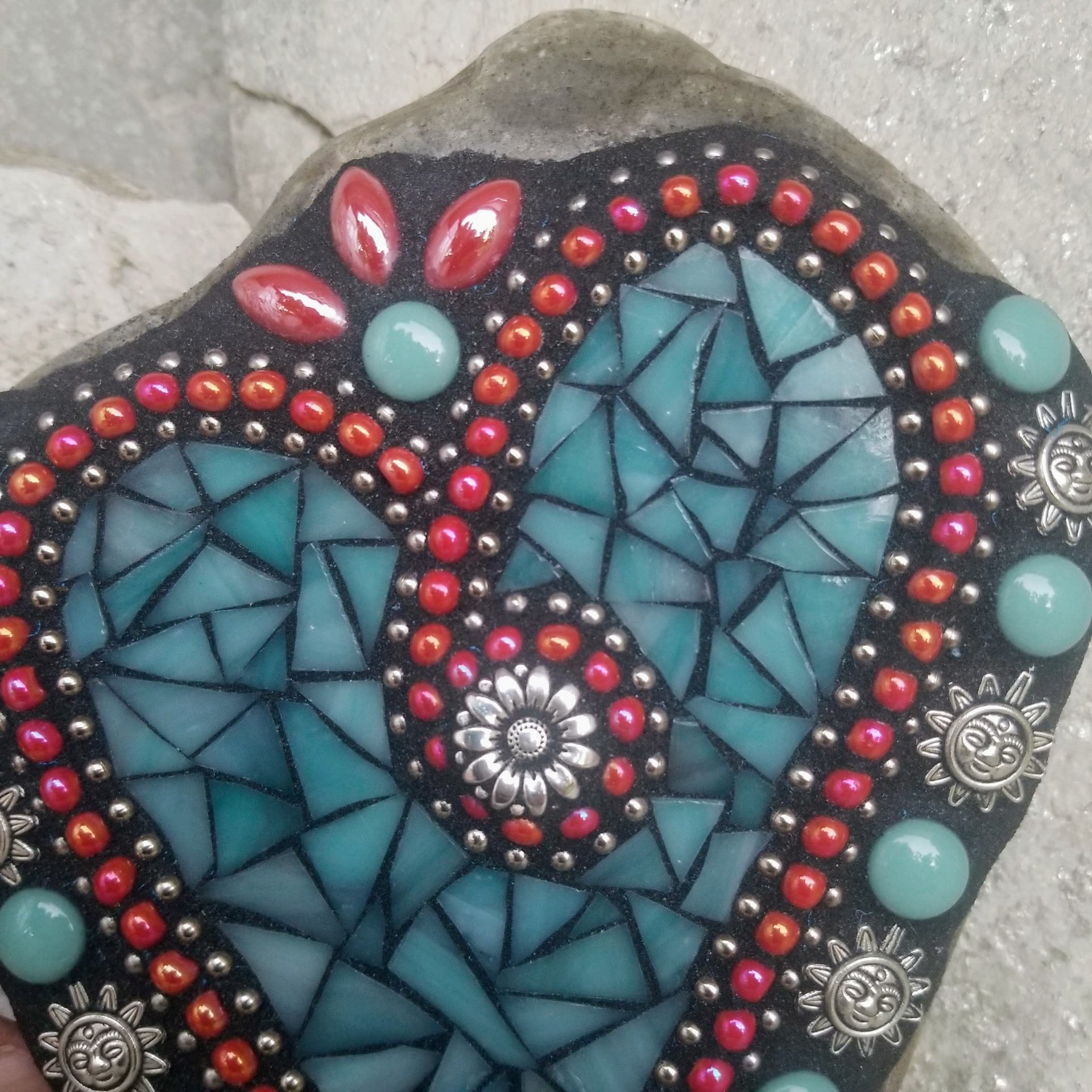Teal Blue and Red w/Suns Heart Mosaic Garden Stone