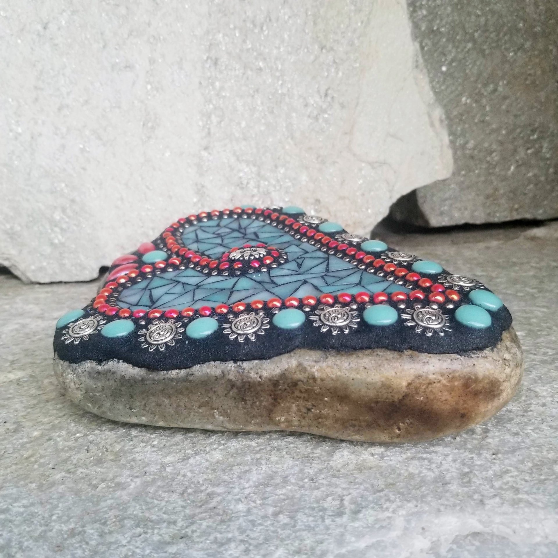 Teal Blue and Red w/Suns Heart Mosaic Garden Stone