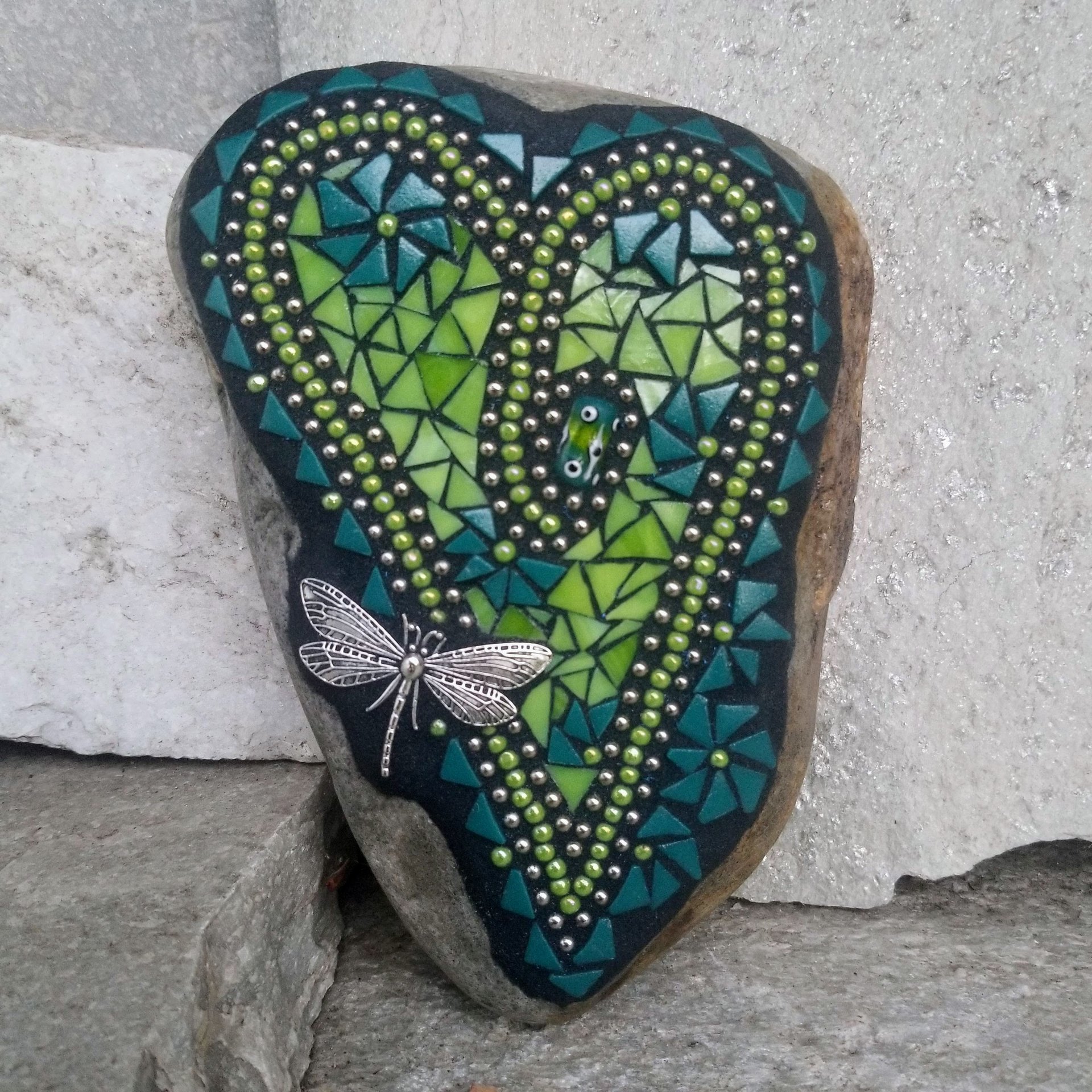 Lime Green and Teal Heart Mosaic Garden Stone