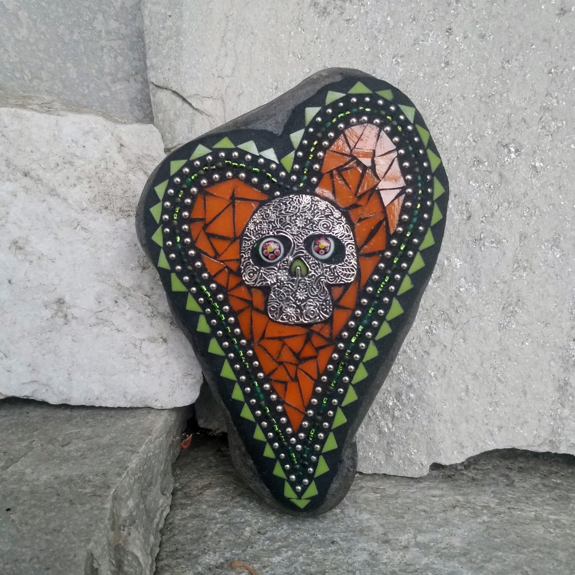 Orange Mosaic Heart Garden Stone w/Skull