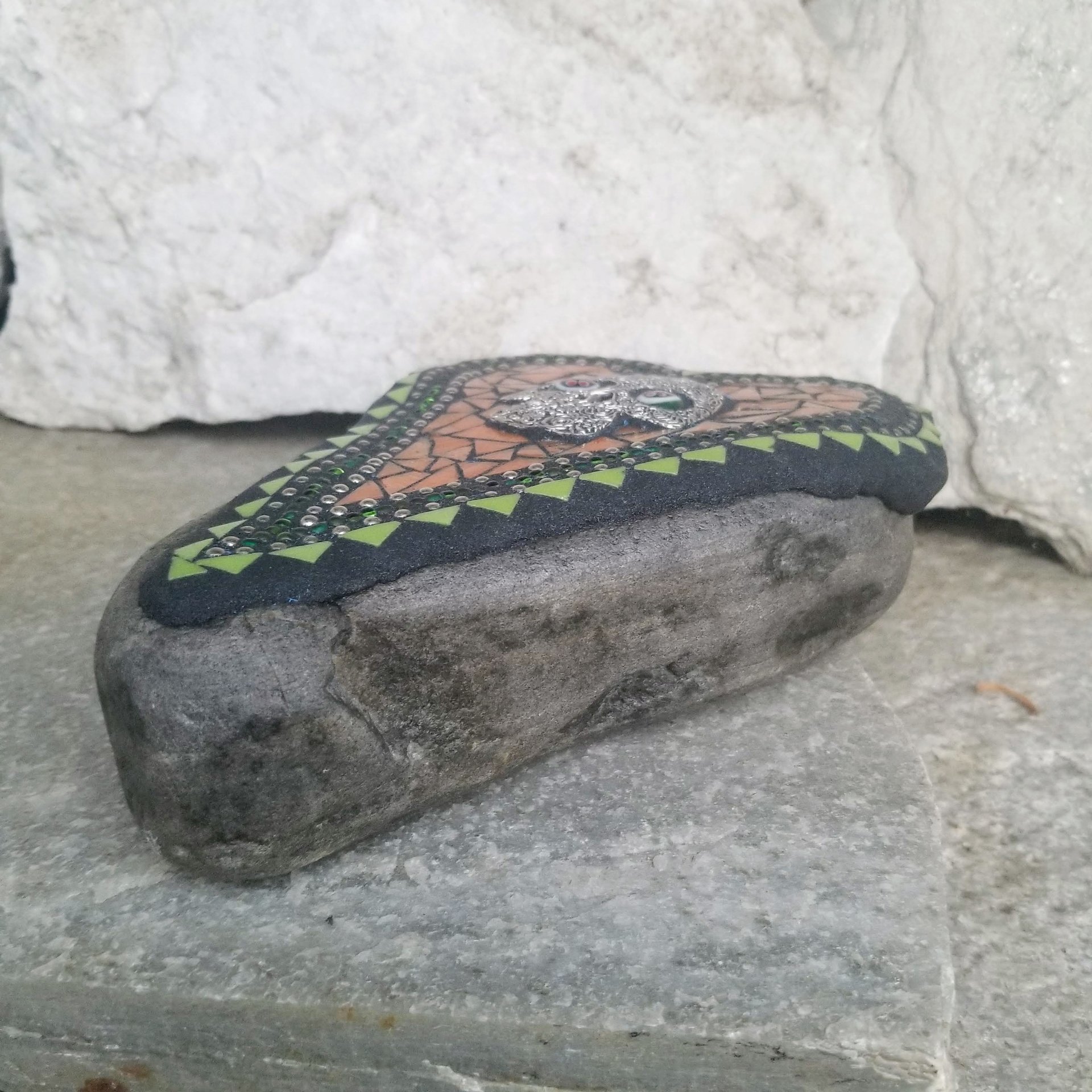 Orange Mosaic Heart Garden Stone w/Skull