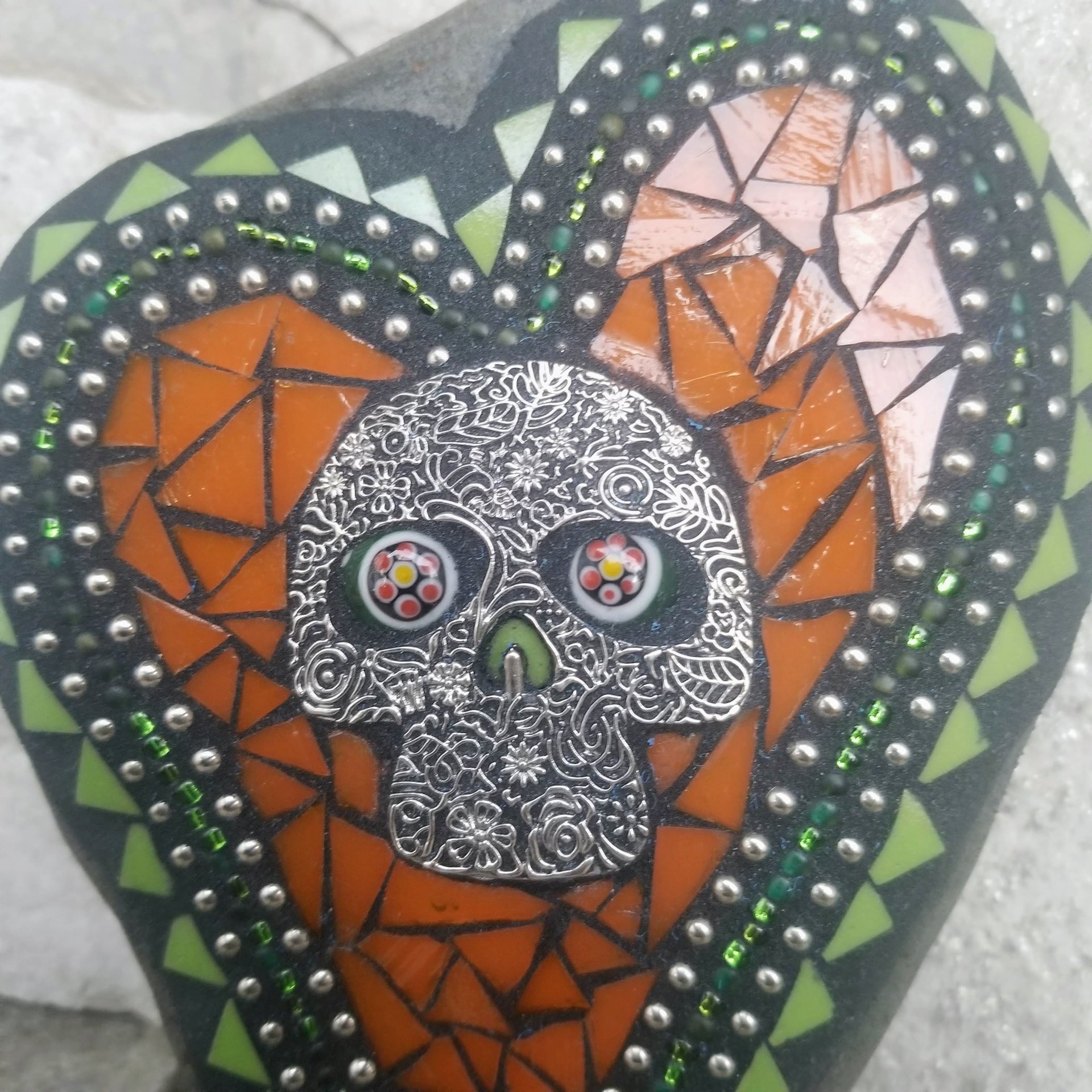 Orange Mosaic Heart Garden Stone w/Skull