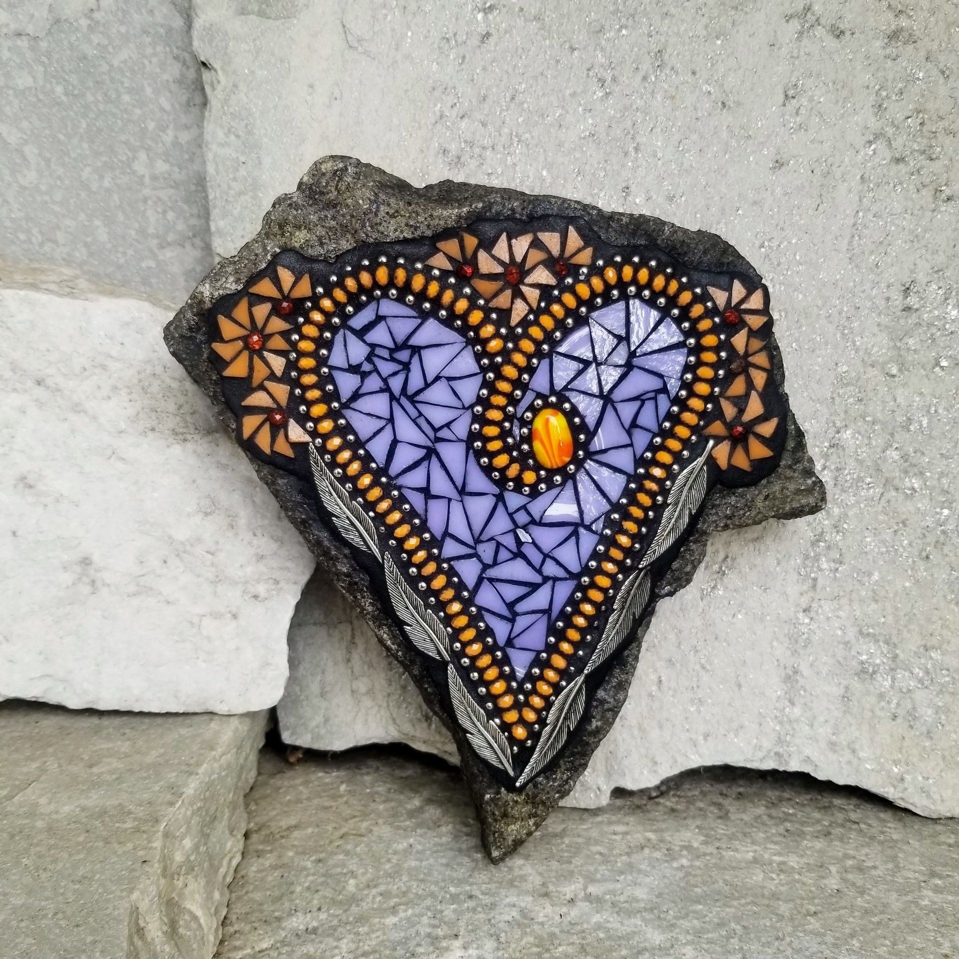 Lavender Heart Mosaic Garden Stone Orange Pinwheel Flowers