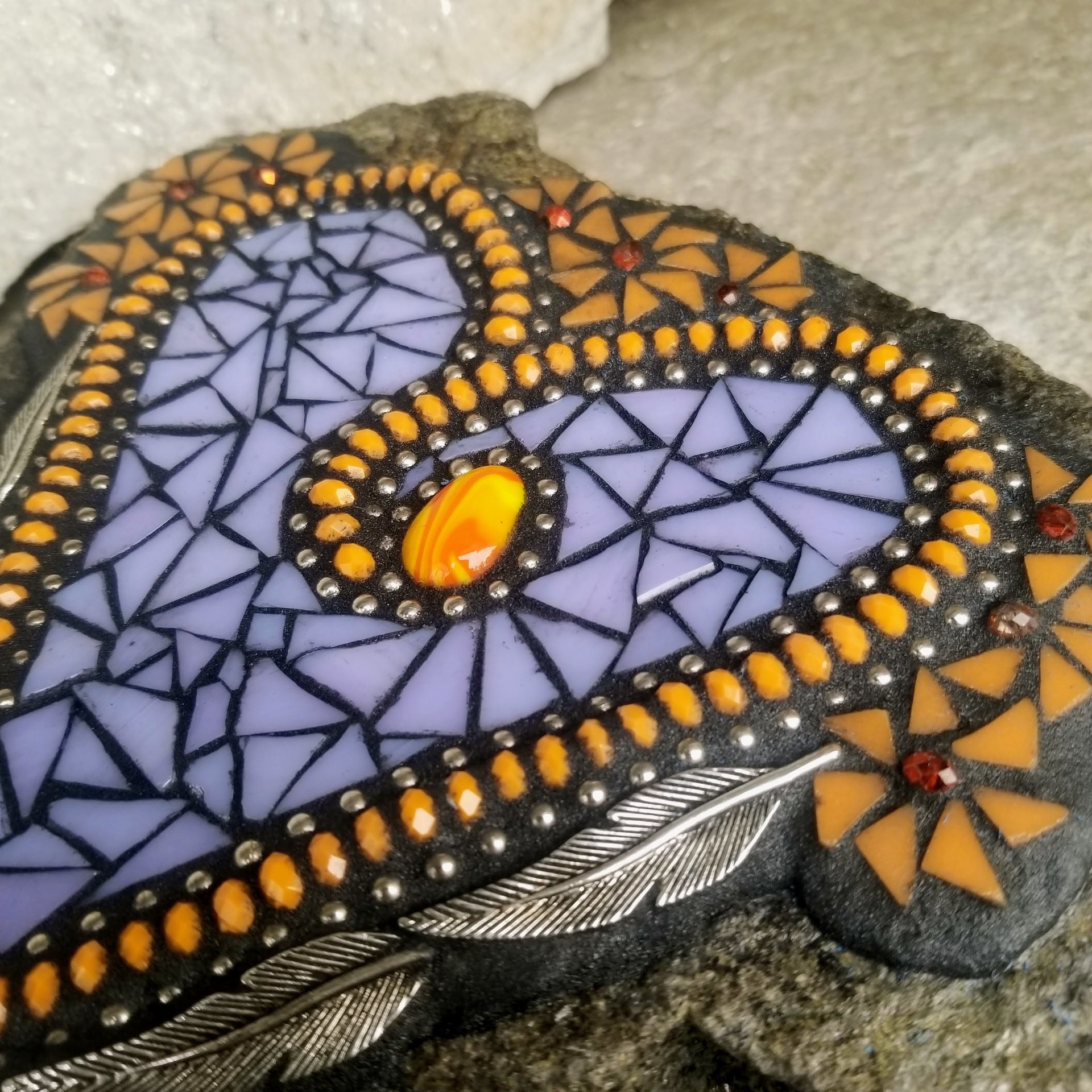 Lavender Heart Mosaic Garden Stone Orange Pinwheel Flowers