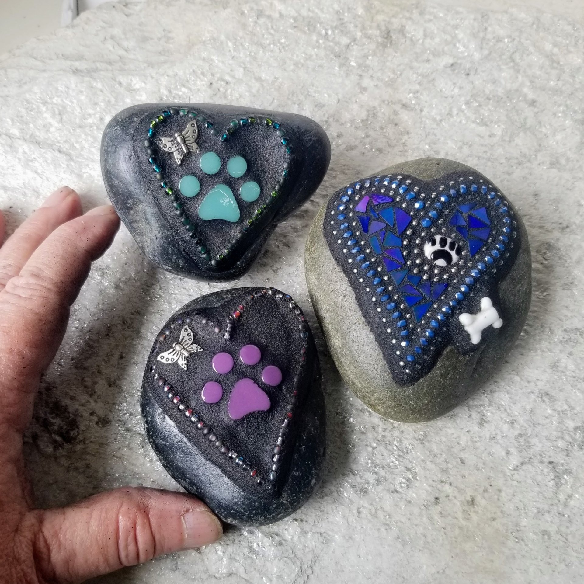3 Little  Paw Prints, Group # 6 Mosaic Stone, Pet Memorial, Garden Decor