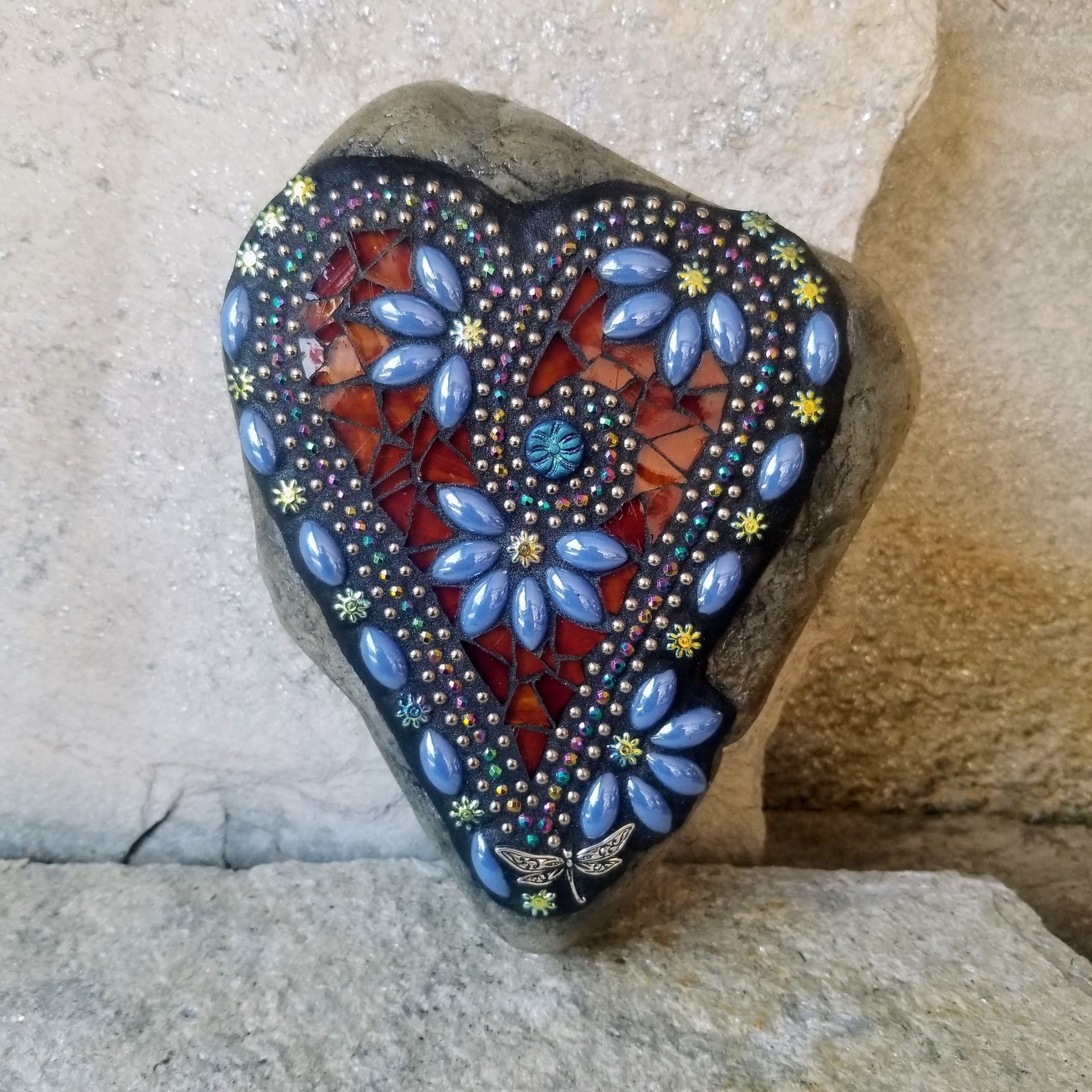 Blue and Brown Mosaic Heart Garden Stone w/Dragonfly